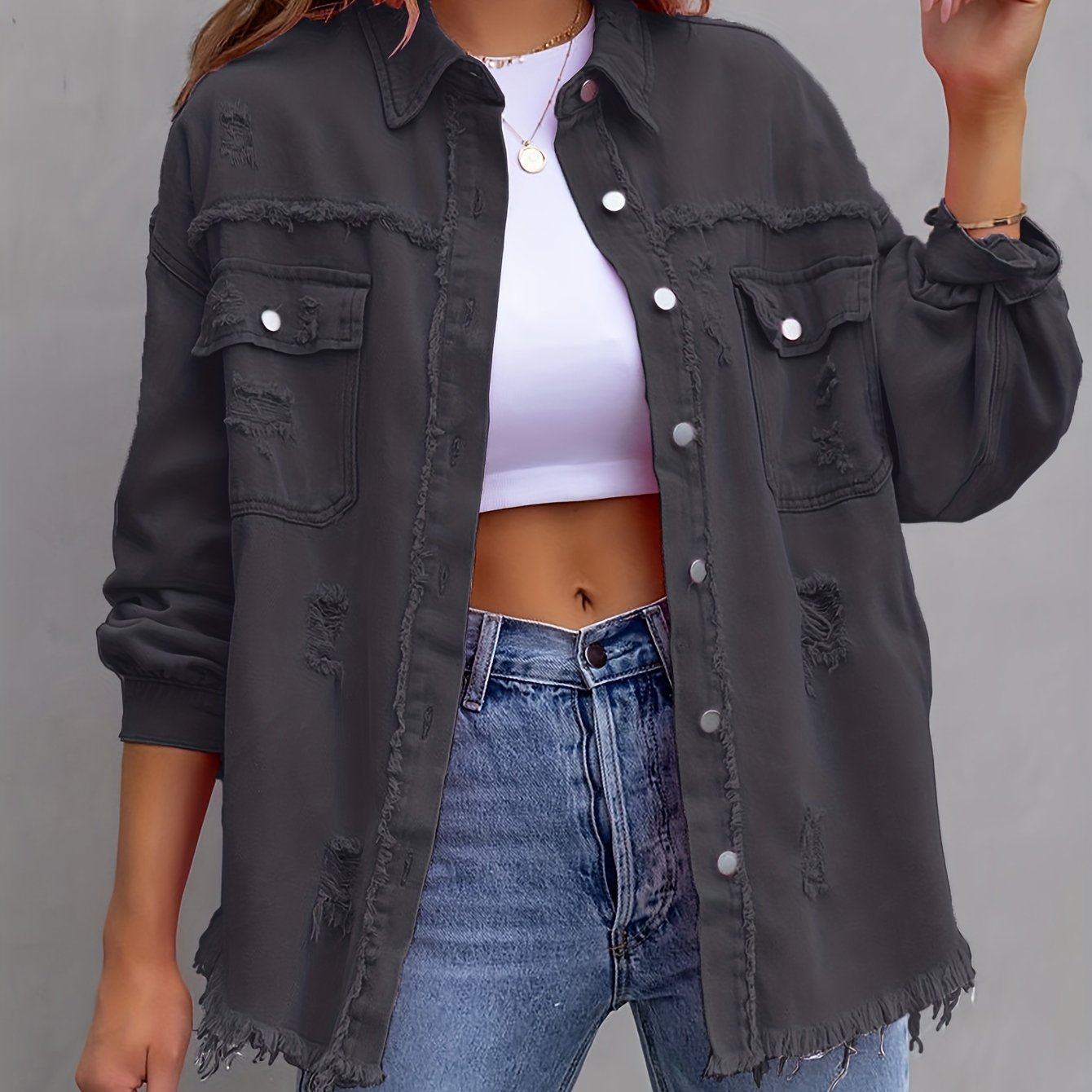 Raw Hem Ripped Distressed Denim Jacket, Flap Pockets Long Sleeves Street Style Single-Breasted Denim Coat, Women's Denim Jeans & Clothing