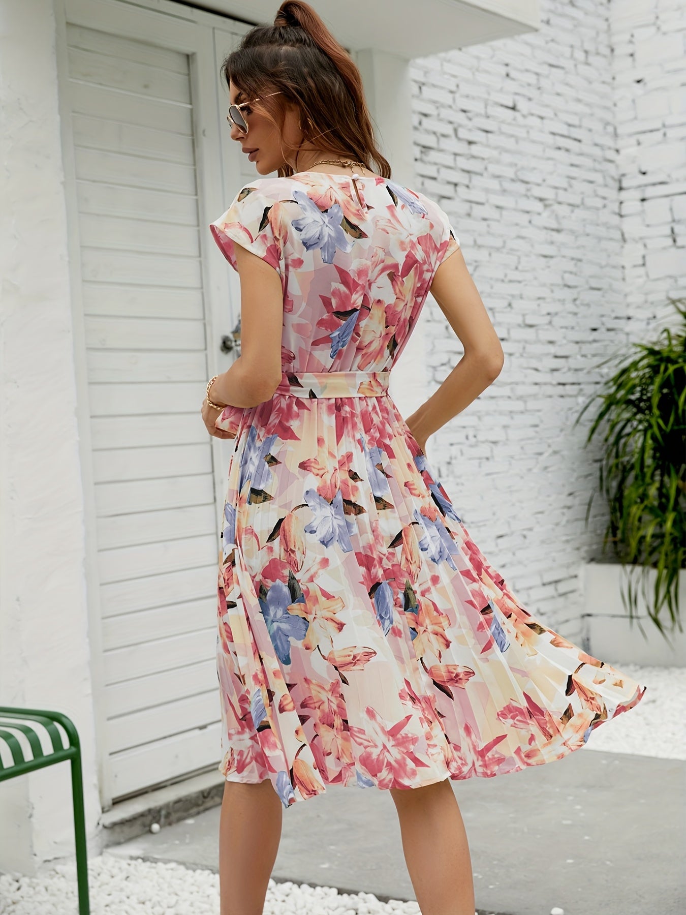 gbolsos Floral Print Pleated Belted Dress, Casual Short Sleeve Dress For Spring & Summer, Women's Clothing