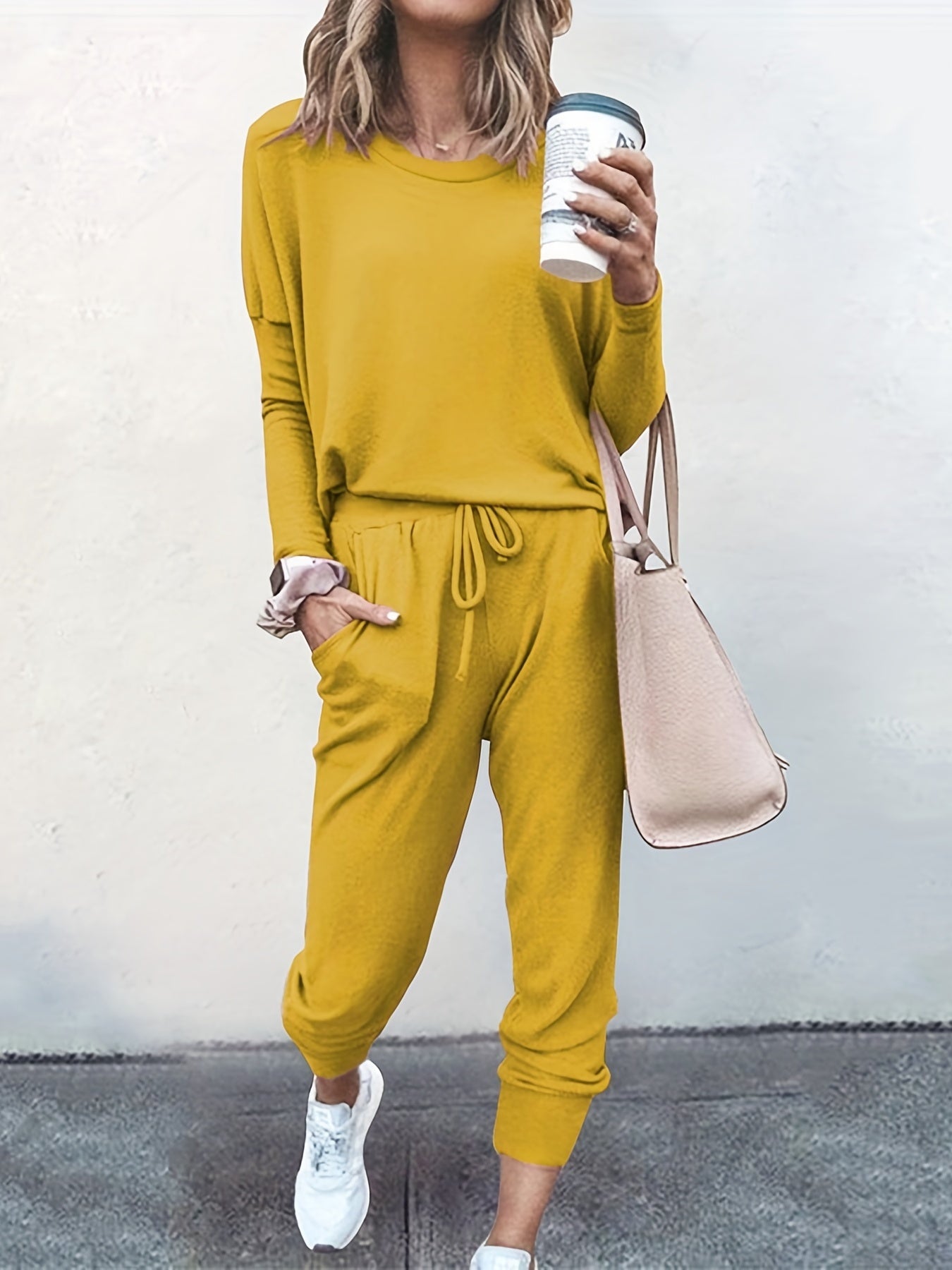 gbolsos Casual Solid Two-piece Set, Long Sleeve T-shirt & Drawstring Pants Outfits, Women's Clothing