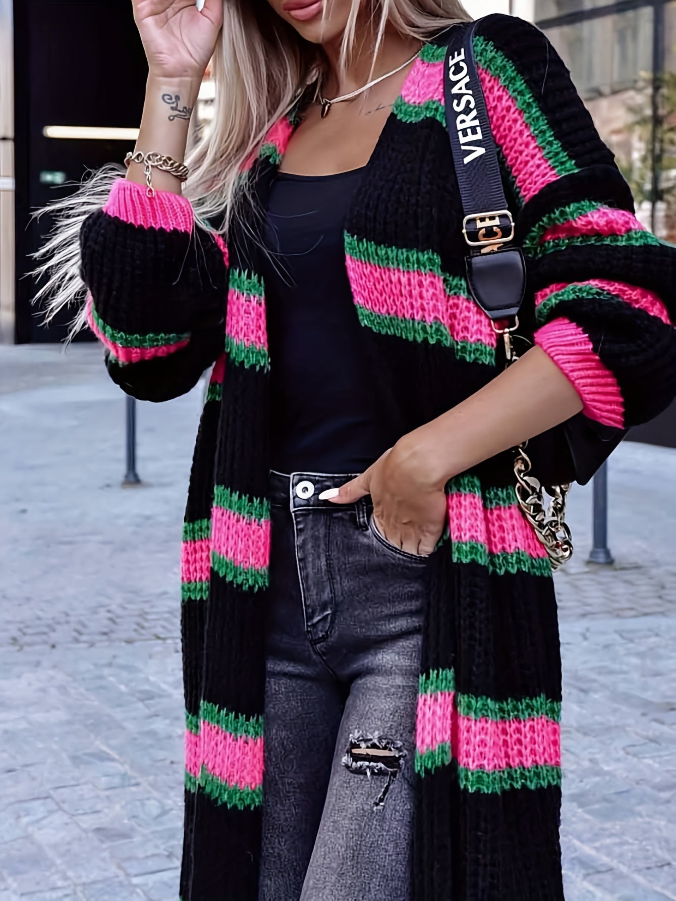 gbolsos Plus Size Casual Cardigan, Women's Plus Stripe Print Chunky Drop Shoulder Lantern Sleeve Open Front Slight Stretch Longline Knit Cardigan