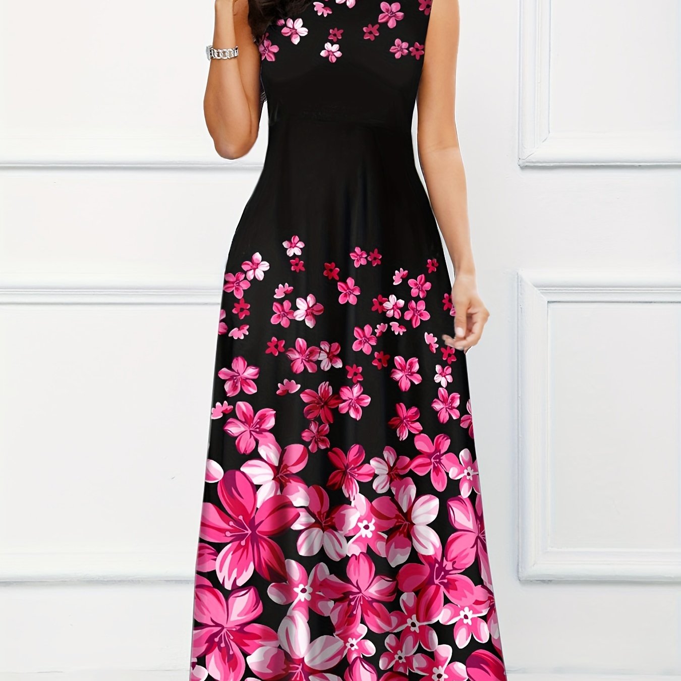 gbolsos Floral Print A-line Long Dress, Elegant Crew Neck Sleeveless Waist Summer Swing Dresses, Women's Clothing