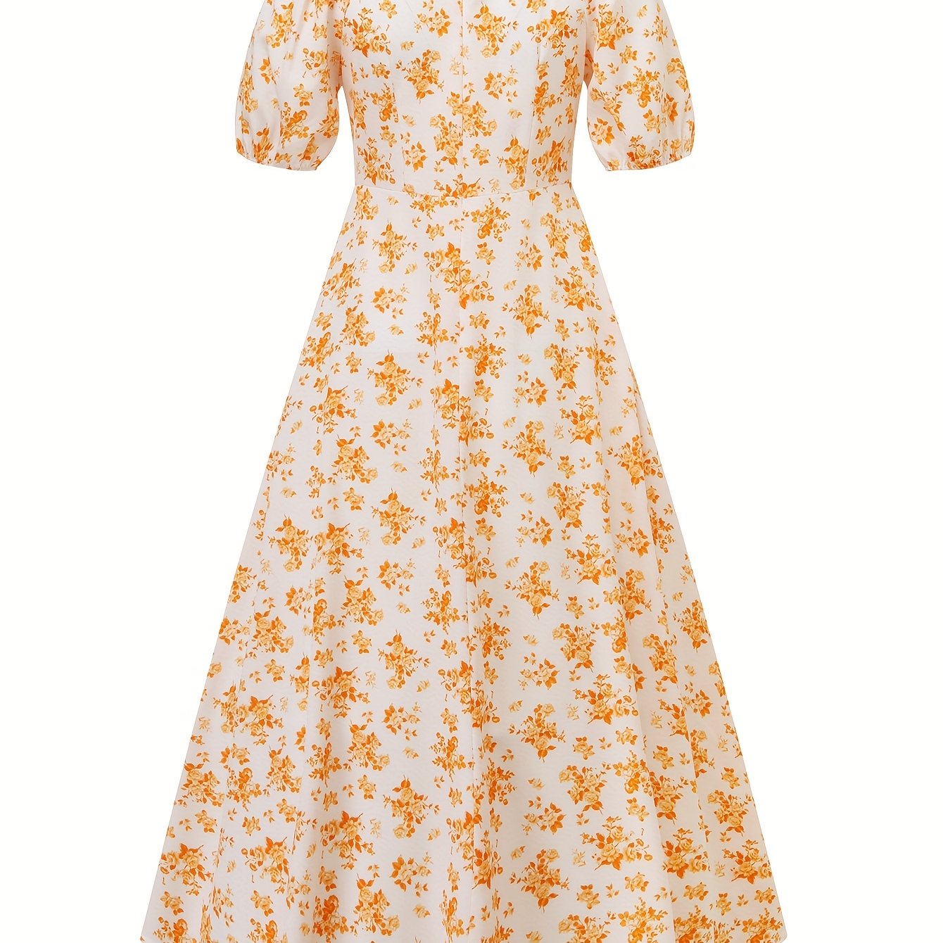 Floral Print Squared Neck Dress, Boho Puff Sleeve Split Thigh Maxi Dress, Women's Clothing