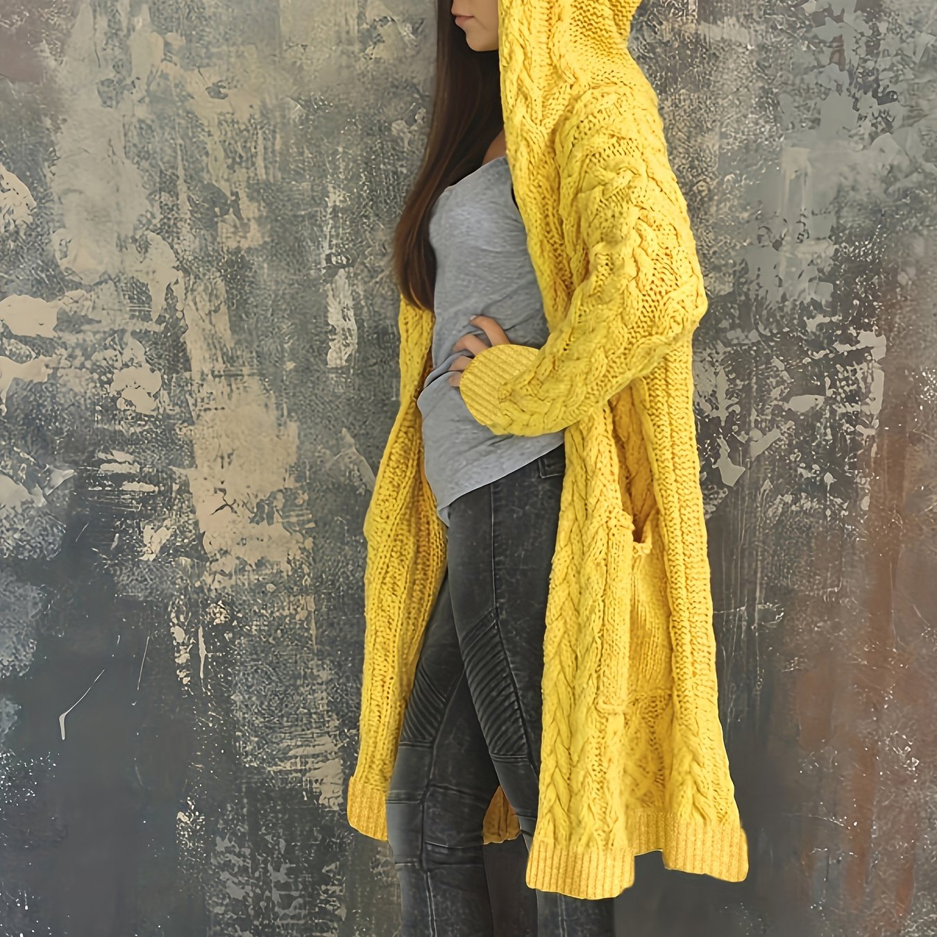 Chunky Knit Hooded Cardigan, Solid Long Open Front Sweater, Casual Cardigan For Fall & Winter, Women's Clothing
