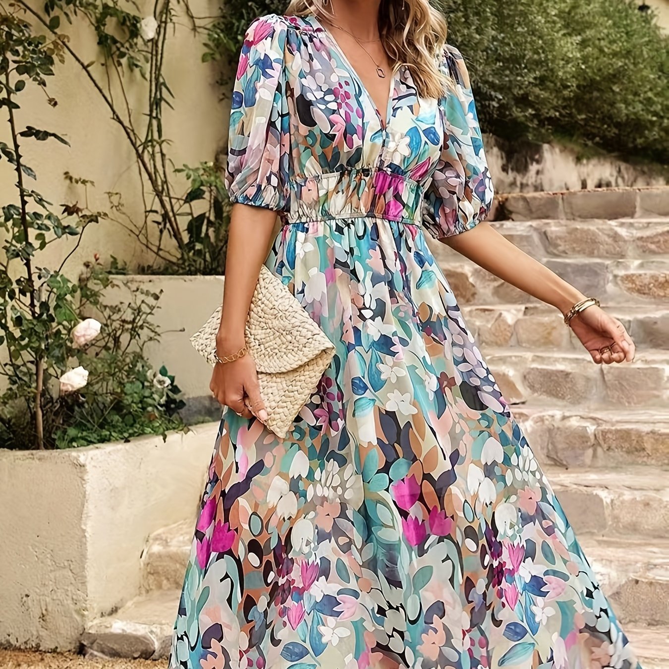 gbolsos Floral Print V Neck Dress, Boho Short Sleeve Ruched Waist Dress For Spring & Summer, Women's Clothing