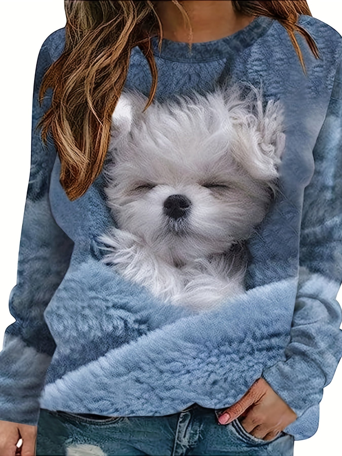 gbolsos Dog Print Pullover Sweatshirt, Casual Long Sleeve Crew Neck Sweatshirt For Fall & Winter, Women's Clothing
