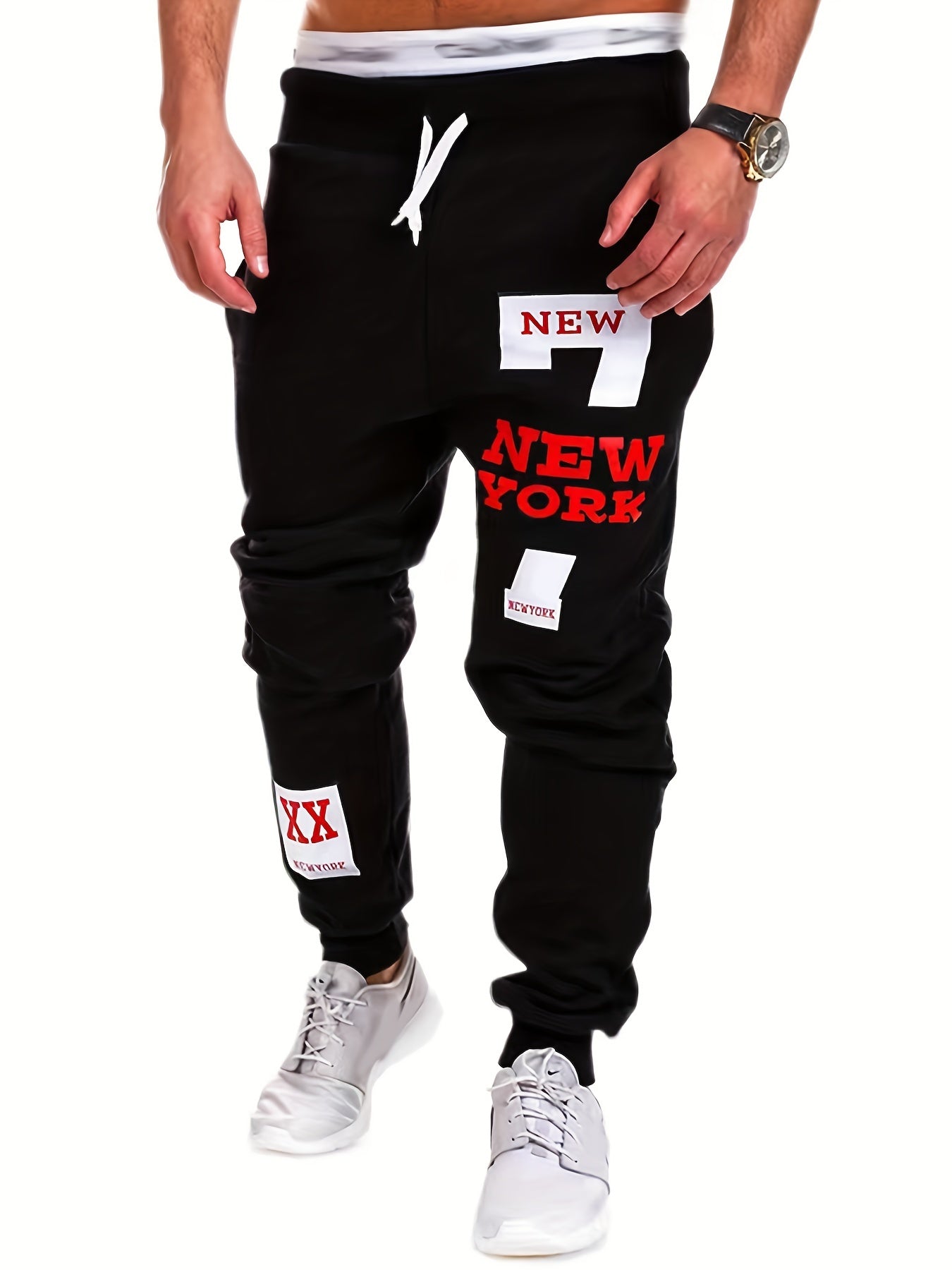 gbolsos "New York" Print Tapered Joggers, Men's Casual Stretch Waist Drawstring Sweatpants For All Seasons
