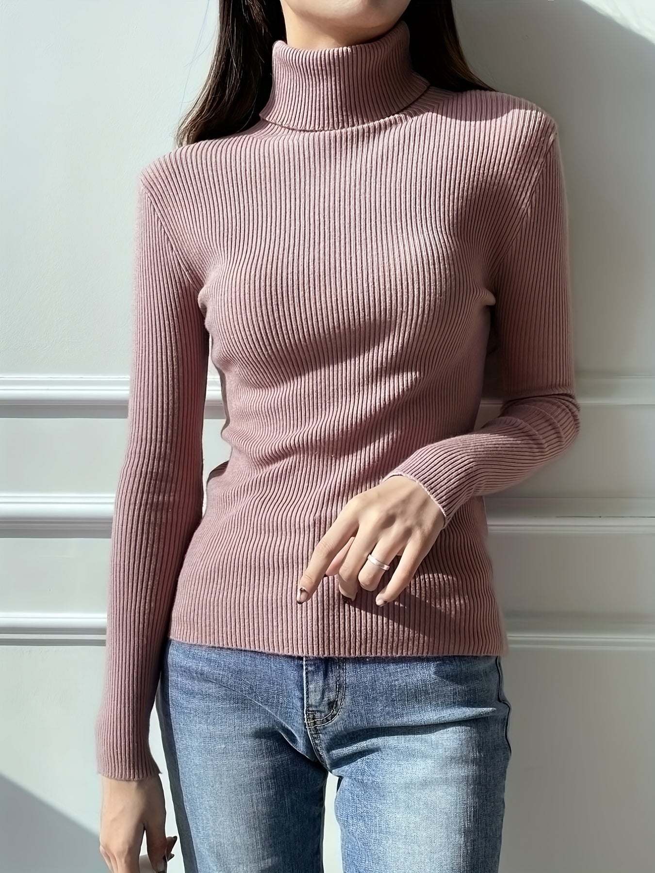 gbolsos Women's Sweater Turtleneck Solid Ribbed Long Sleeve Slim Pullover Knit Tops