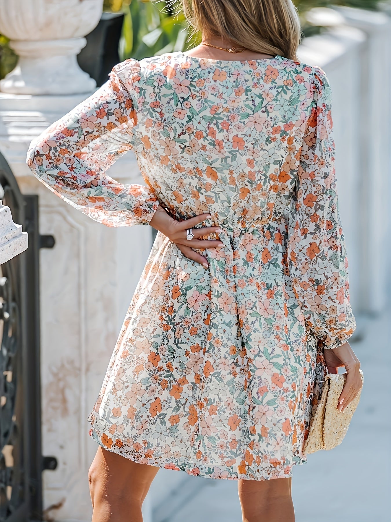 gbolsos Floral Print Surplice Neck Dress, Elegant Long Sleeve Dress, Women's Clothing