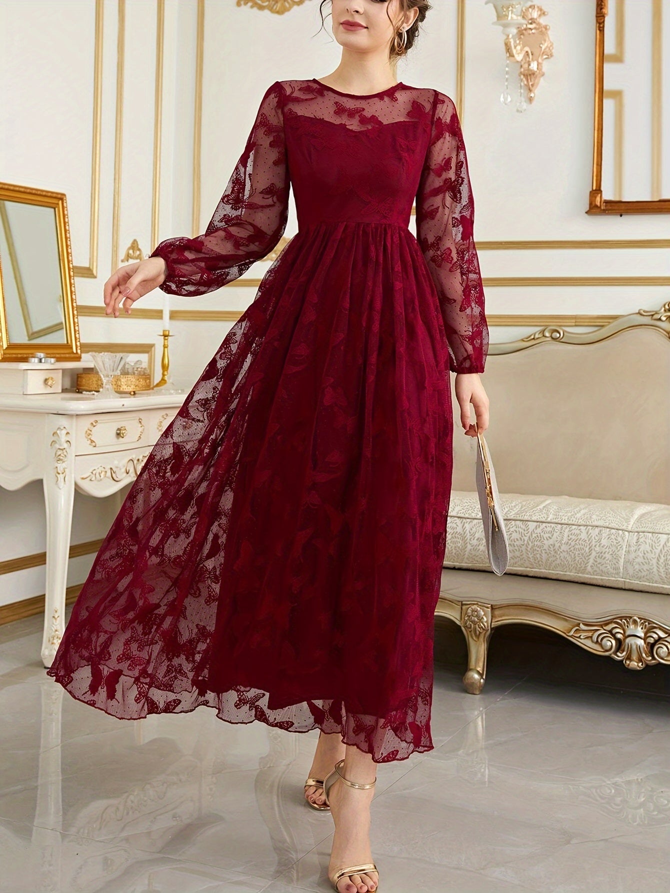 gbolsos Contrast Lace Crew Neck A-line Dress, Elegant Long Sleeve Dress For Party & Banquet, Women's Clothing