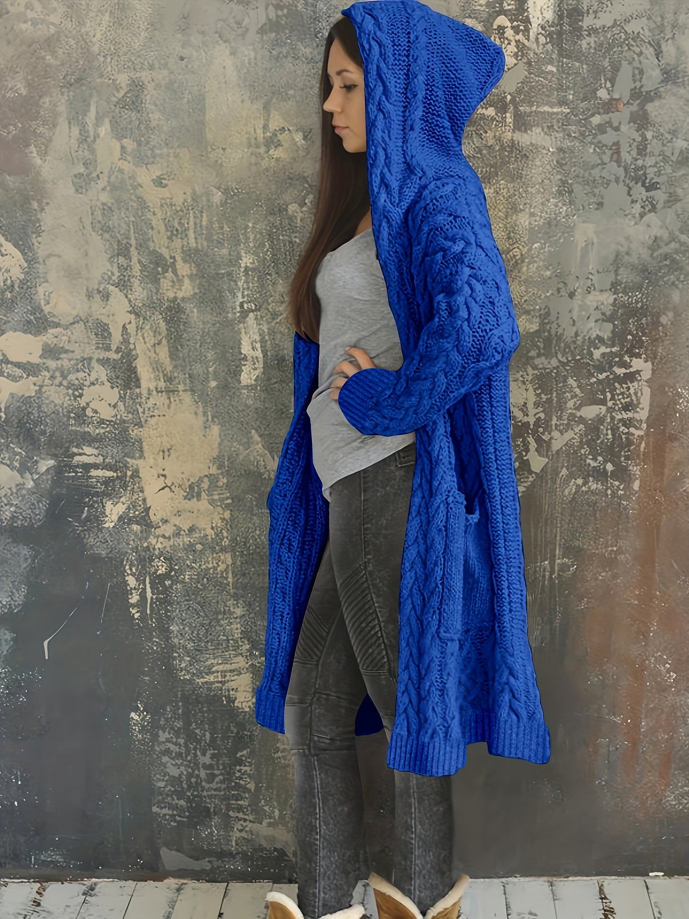 Chunky Knit Hooded Cardigan, Solid Long Open Front Sweater, Casual Cardigan For Fall & Winter, Women's Clothing