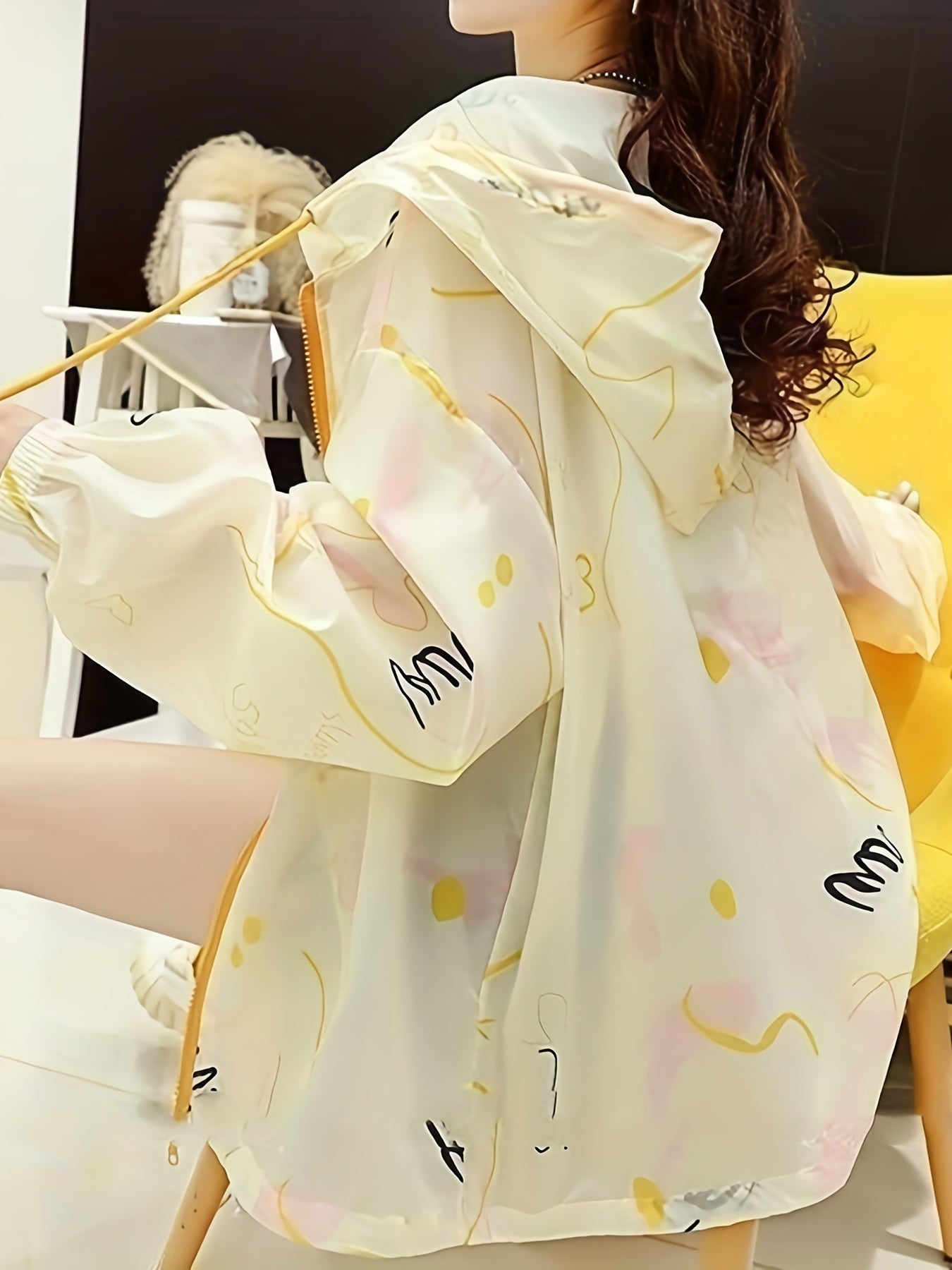 gbolsos Abstract Print Loose Hooded Jacket, Casual Zip Up Long Sleeve Outerwear, Women's Clothing