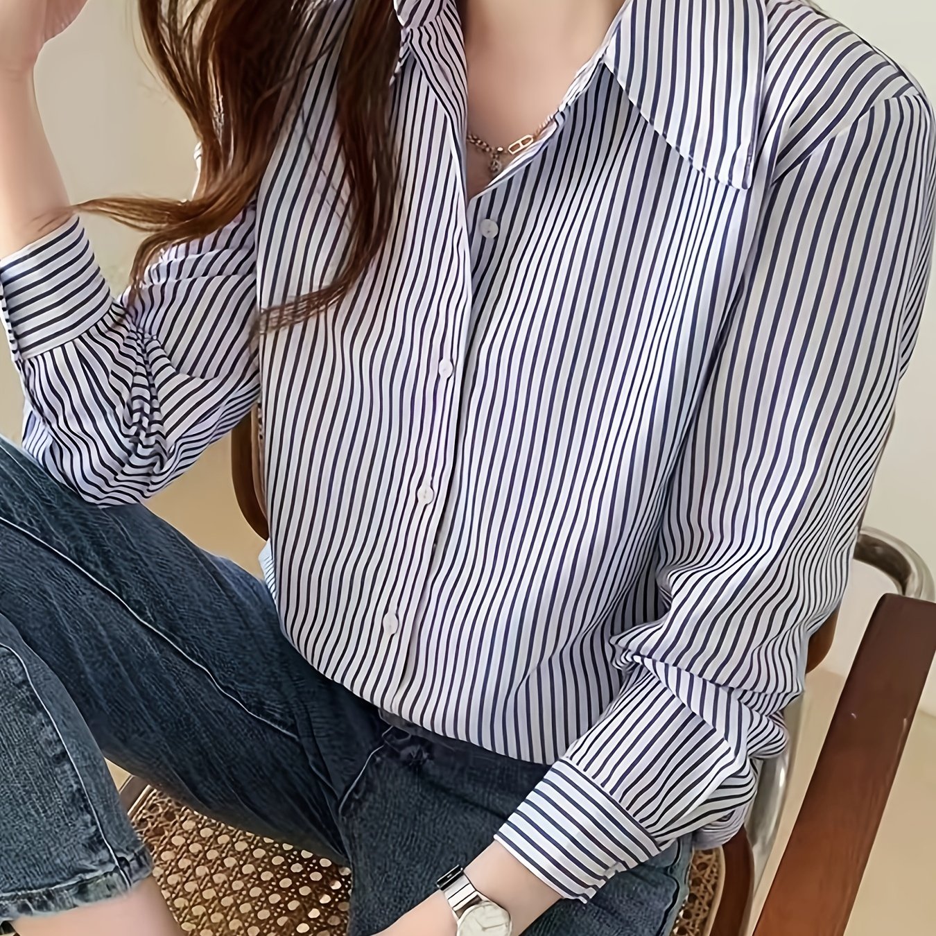 gbolsos Stripe Print Polo Collar Shirt, Casual Long Sleeve Shirt For Spring & Fall, Women's Clothing