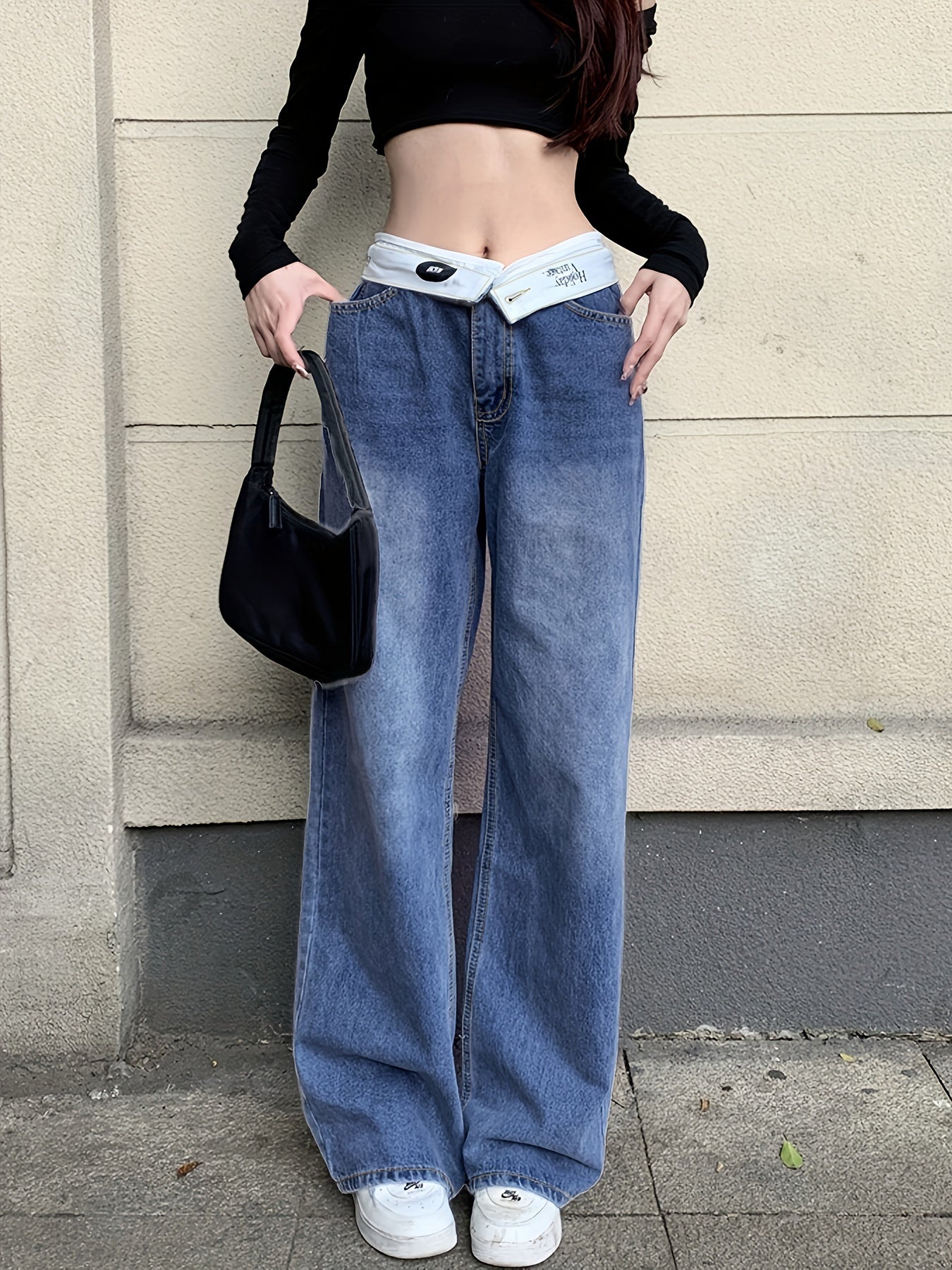 gbolsos Blue Flipped Waist Design Straight Jeans, Loose Fit Double Button Wide Legs Jeans, Women's Denim Jeans & Clothing