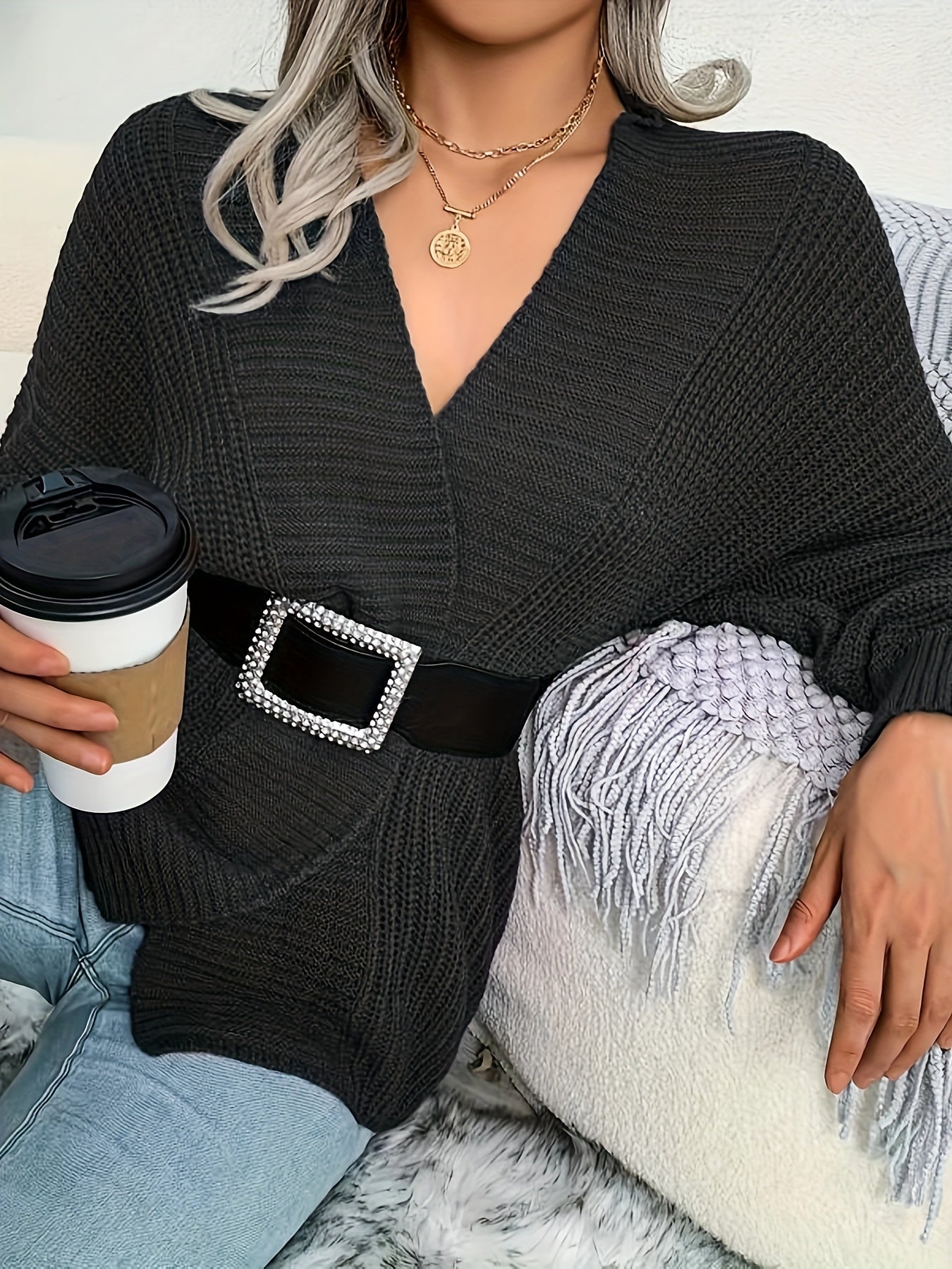 2025 gbolsos Solid Open Front Knit Cardigan, Casual Batwing Sleeve Loose Sweater, Women's Clothing