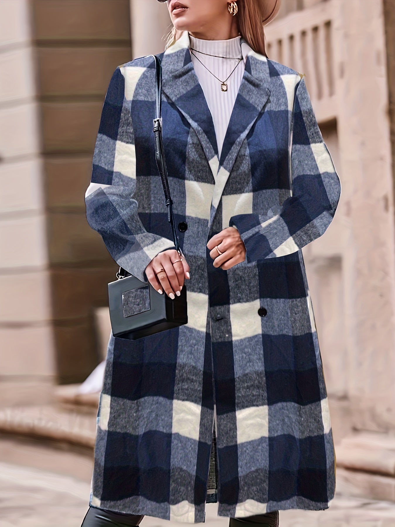 solvbao Plus Size Casual Trench Coat, Women's Plus Plaid Print Double Breasted Long Sleeve Lapel Collar Long Trench Coat