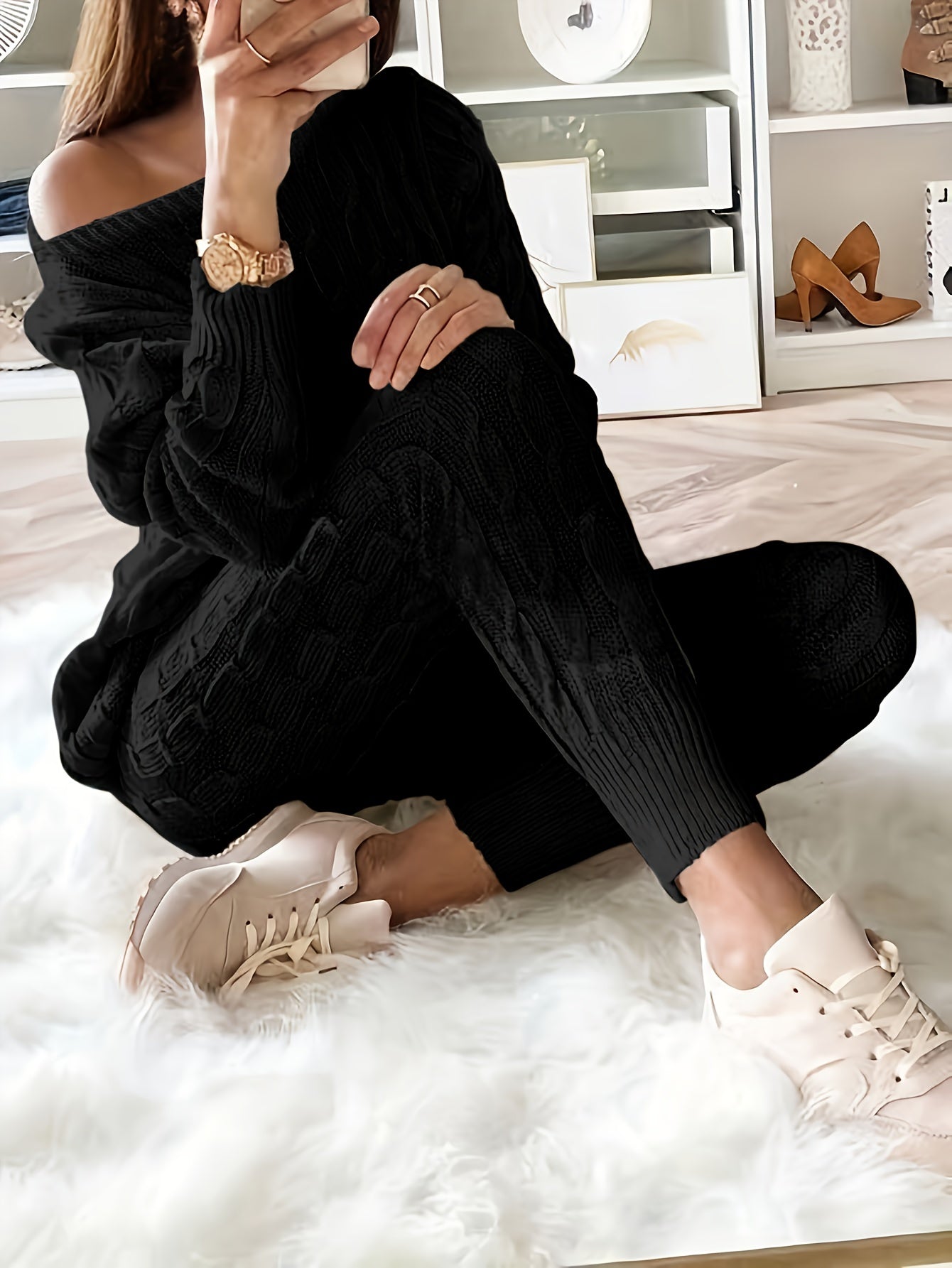 gbolsos Solid Knitted Matching Two-piece Set, Casual Long Sleeve Sweater & Pants Outfits, Women's Clothing