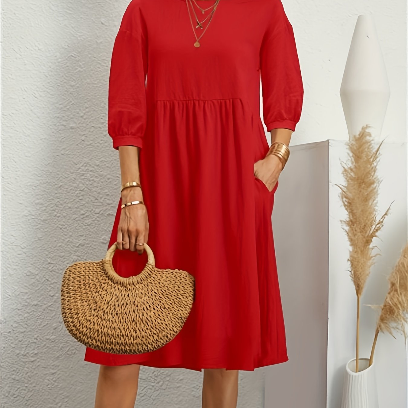 Lantern Sleeve Pocket Dress, Casual Crew Neck Half Sleeve Dress, Women's Clothing