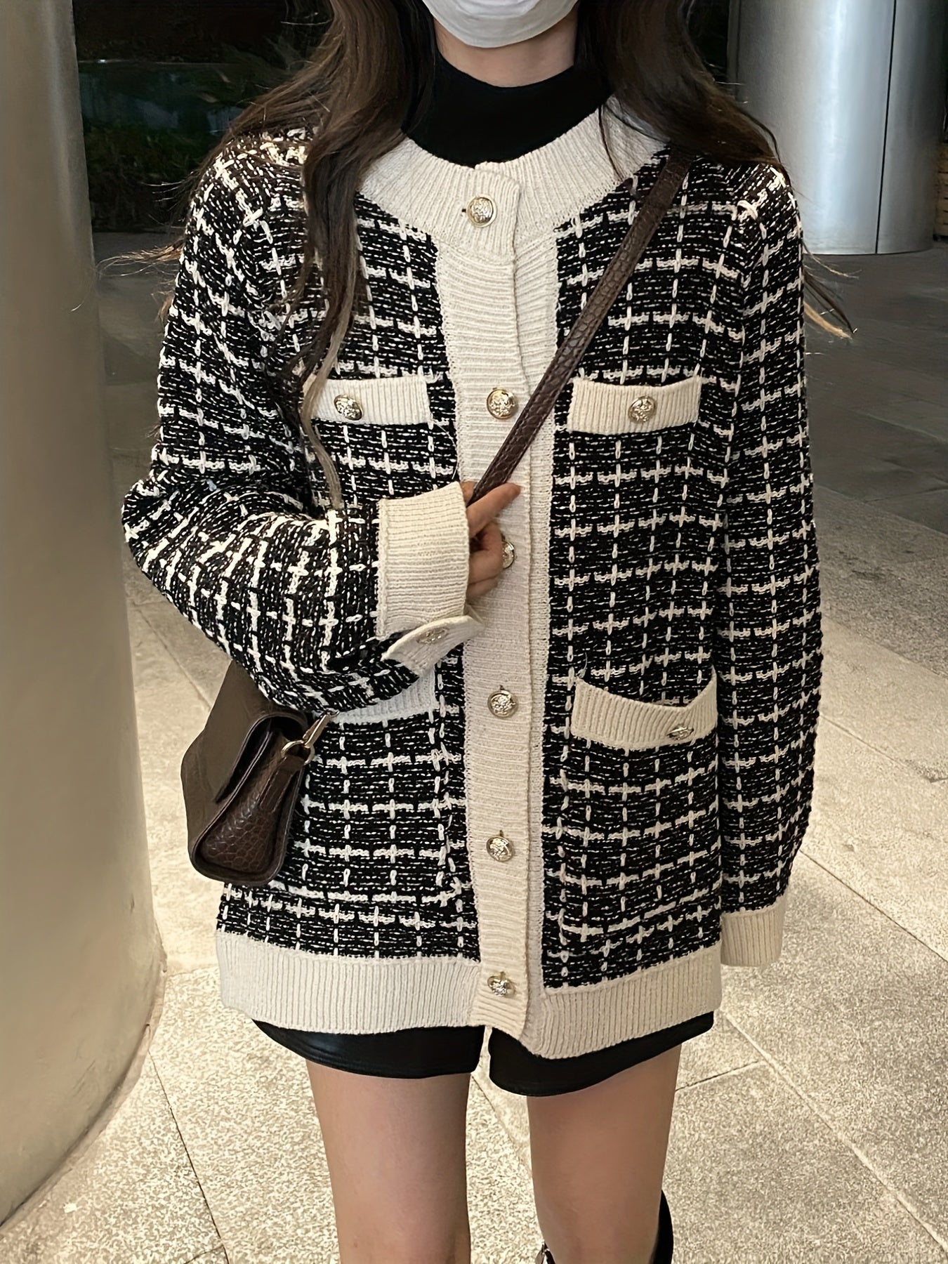 gbolsos Preppy Plaid Pattern Button Up Pocket Cardigan, Casual Long Sleeve Cardigan For Fall & Winter, Women's Clothing