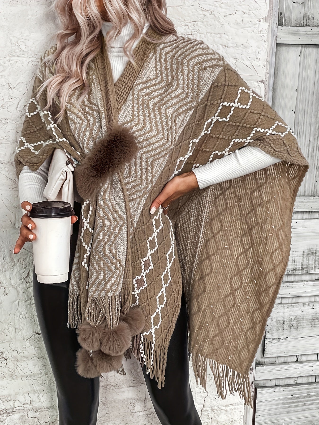 gbolsos Open Front Pom & Fringe Hem Cardigan, Cape Sleeve Cardigan For Spring & Fall, Women's Clothing