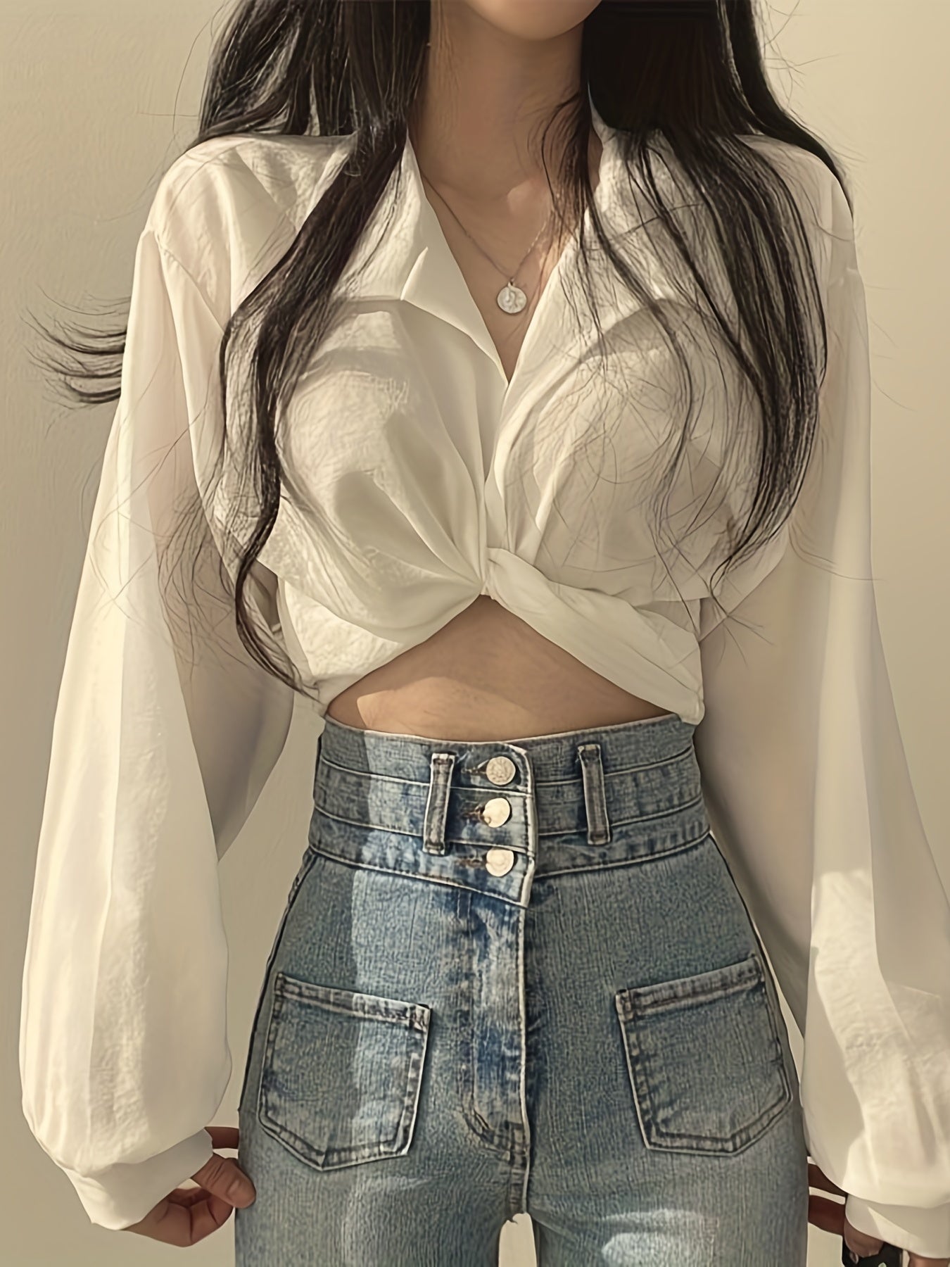 gbolsos Solid Collared Twist Bowknot Back Shirt, Elegant Puff Long Sleeve Shirt For Spring & Summer, Women's Clothing