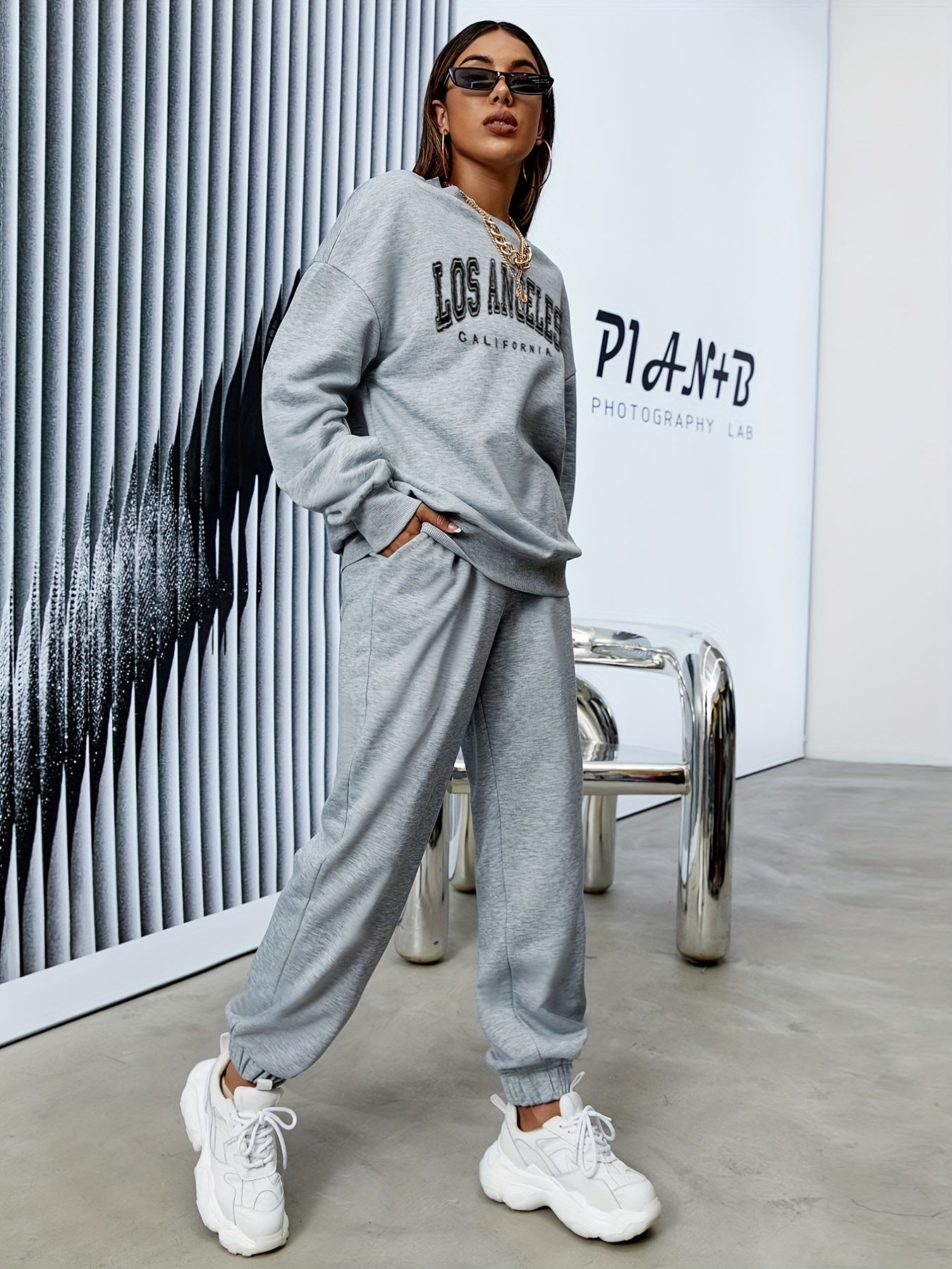 gbolsos Casual Workout Two-piece Set, Letter Print Long Sleeve Tops & Long Length Solid Jogger Pants Outfits, Women's Clothing