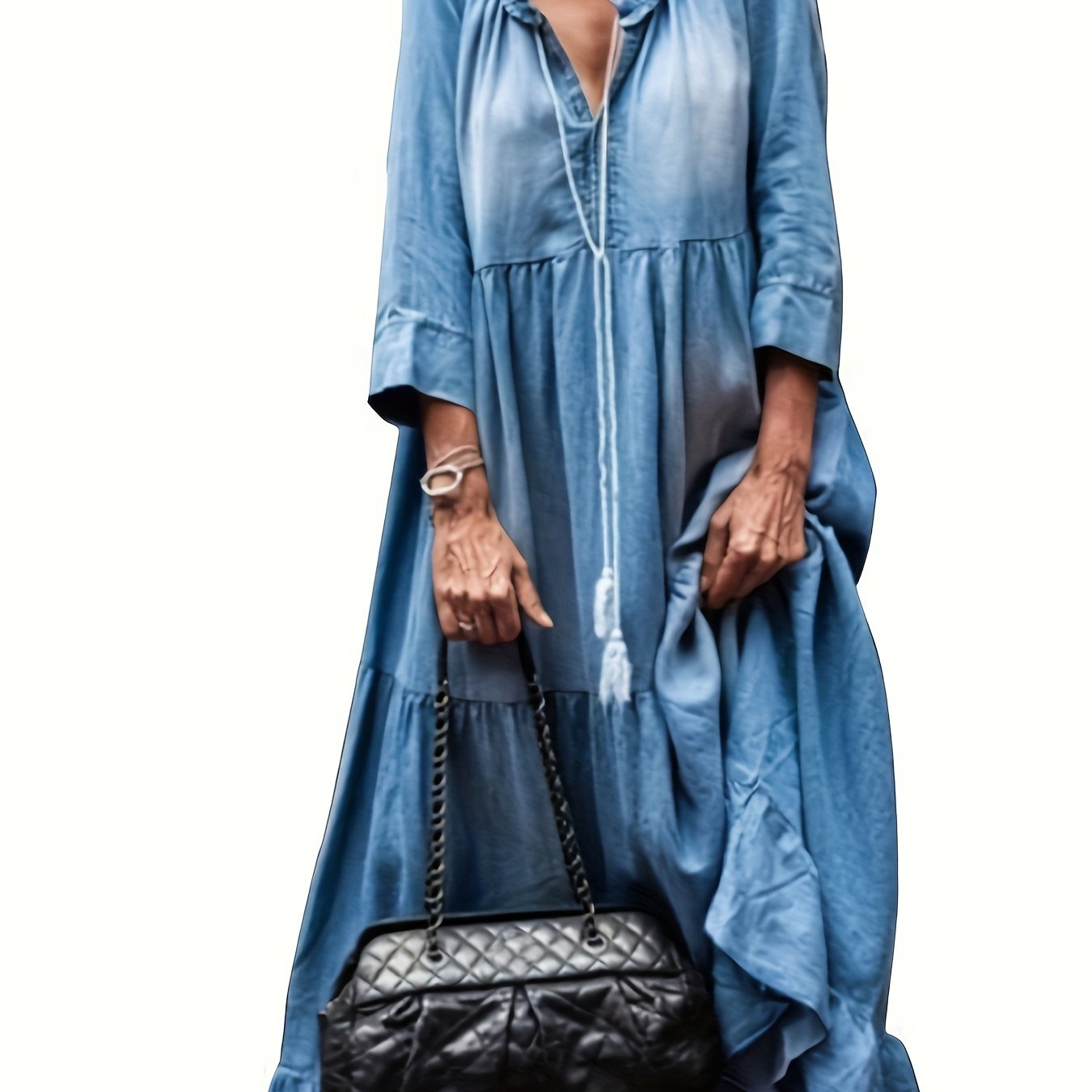 gbolsos Blue Long Sleeves Denim Dress, Loose Fit Lettuce Trim V Neck Ruffle Denim Dress, Women's Denim Clothing