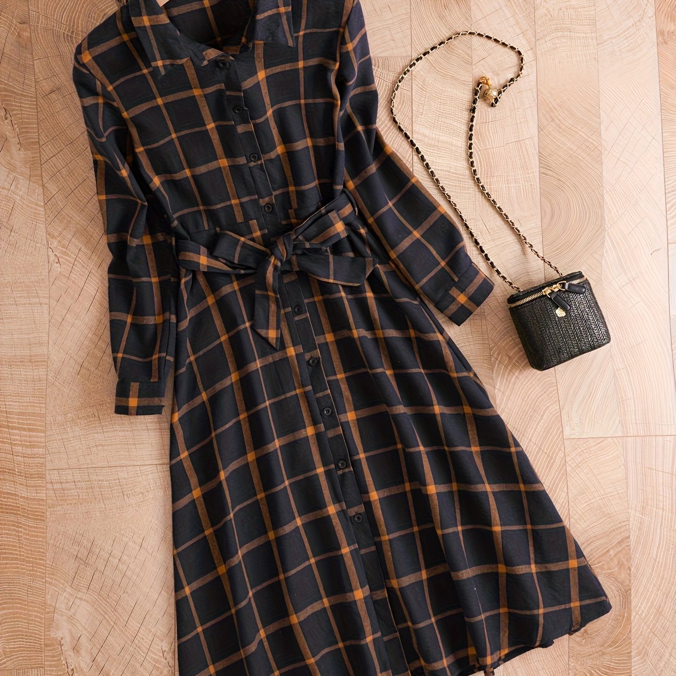 gbolsos Plaid Print Button Front Dress, Elegant Long Sleeve Dress, Women's Clothing