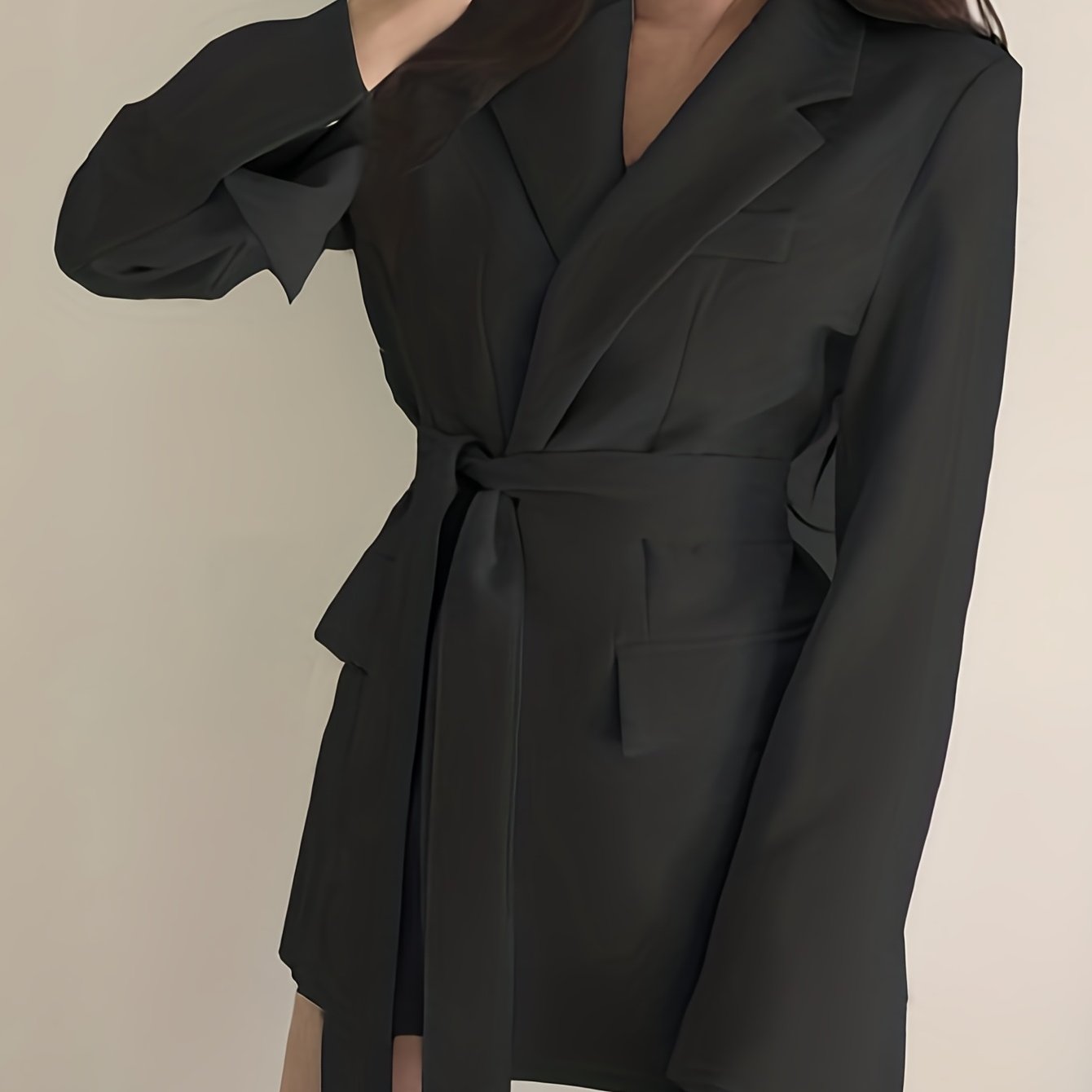 gbolsosSolid Tie-waist Lapel Blazer, Elegant Long Sleeve Outerwear For Work & Office, Women's Clothing