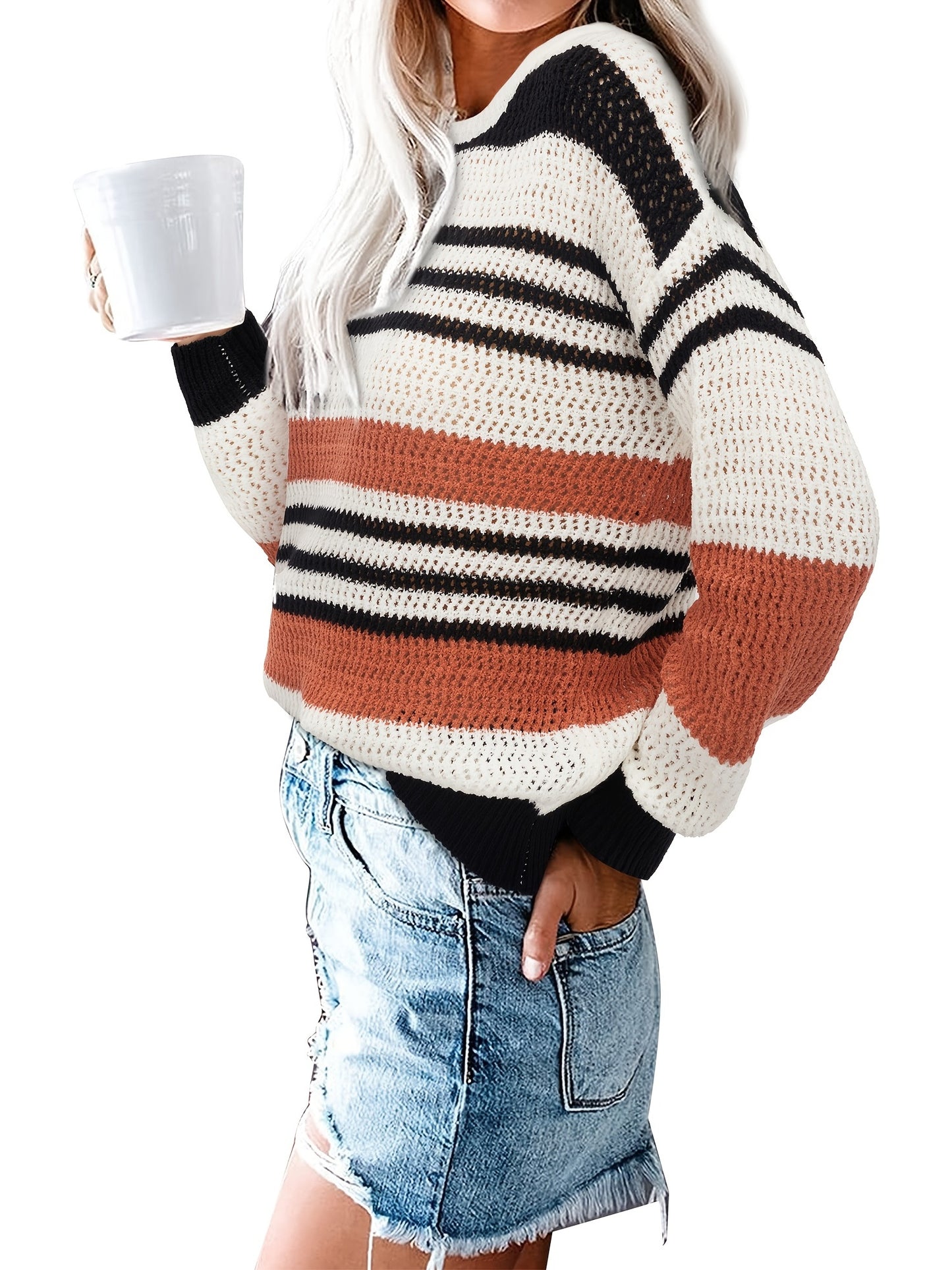 gbolsos Striped Crew Neck Sweater, Casual Drop Shoulder Long Sleeve Loose Fall Winter Knit Sweater, Women's Clothing
