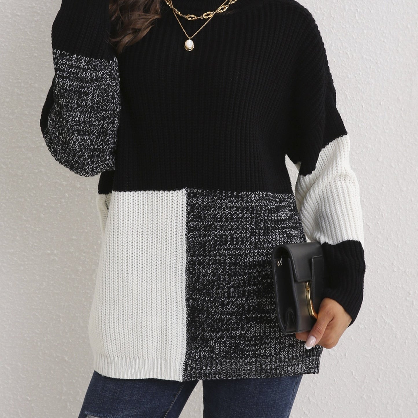 gbolsos Color Block Drop Shoulder Sweater, Long Sleeve Casual Sweater For Fall & Winter, Women's Clothing