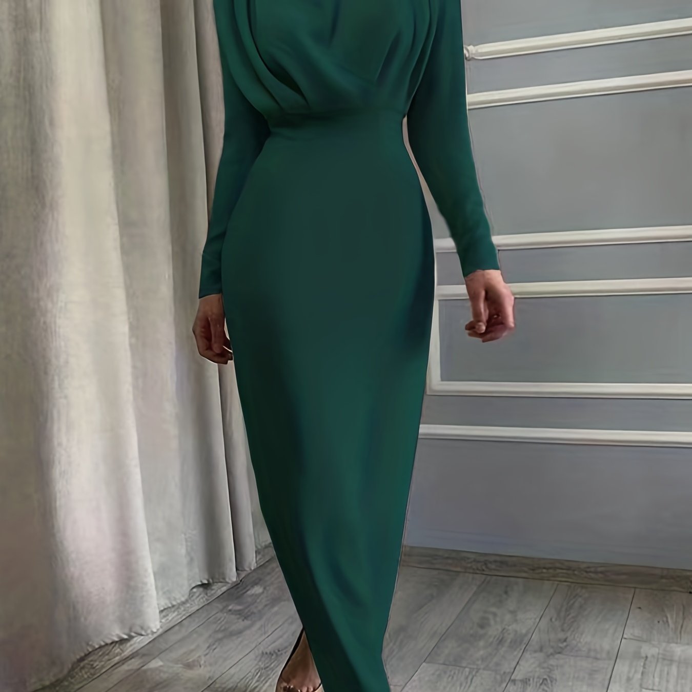 Solid Ruched Dress, Elegant Simple Long Sleeve Slim Waist Dress, Women's Clothing