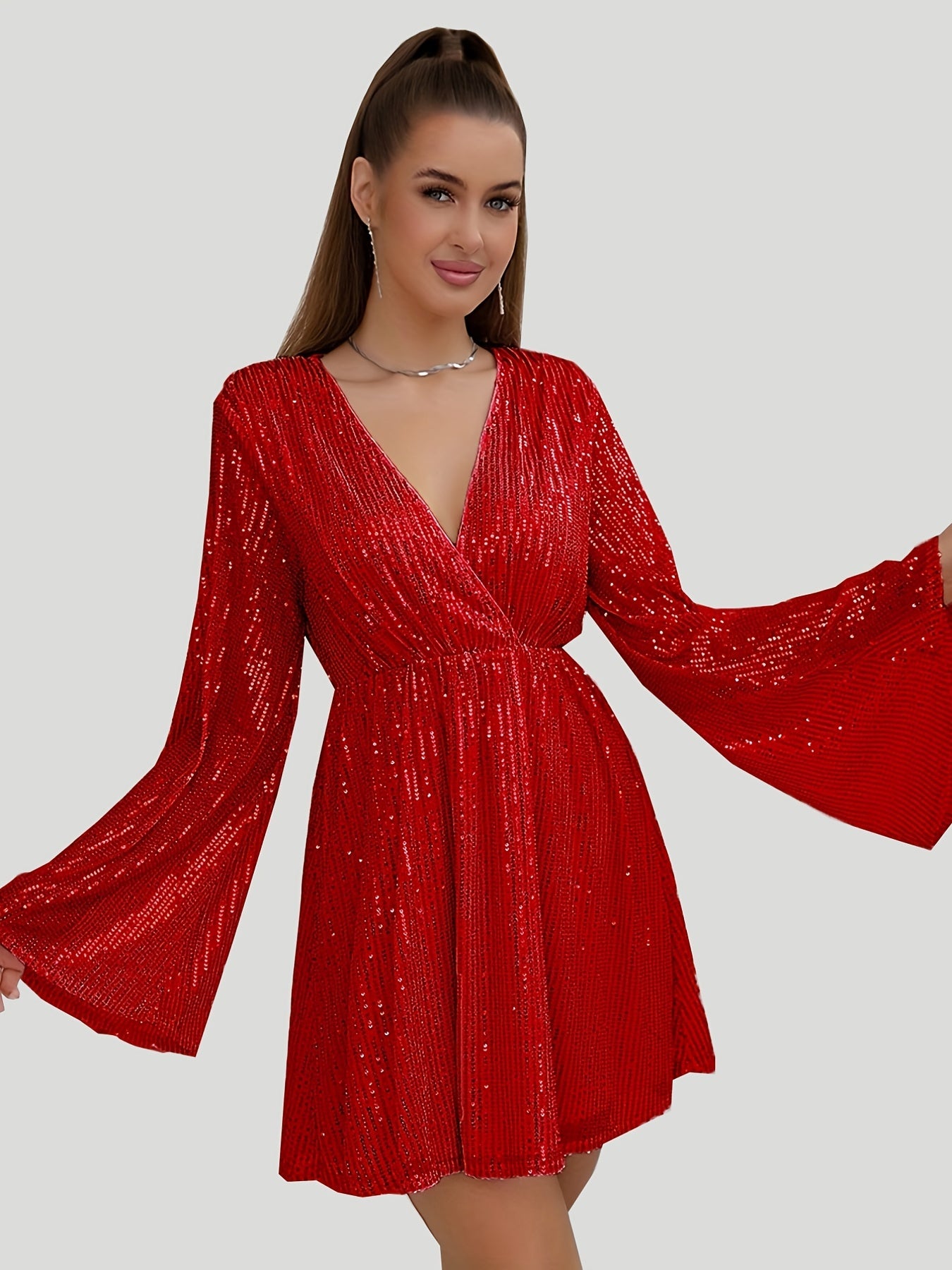 Homecoming Sequined Flare Sleeve V-neck Dress, Elegant Midi Dress For Club & Party, Women's Clothing