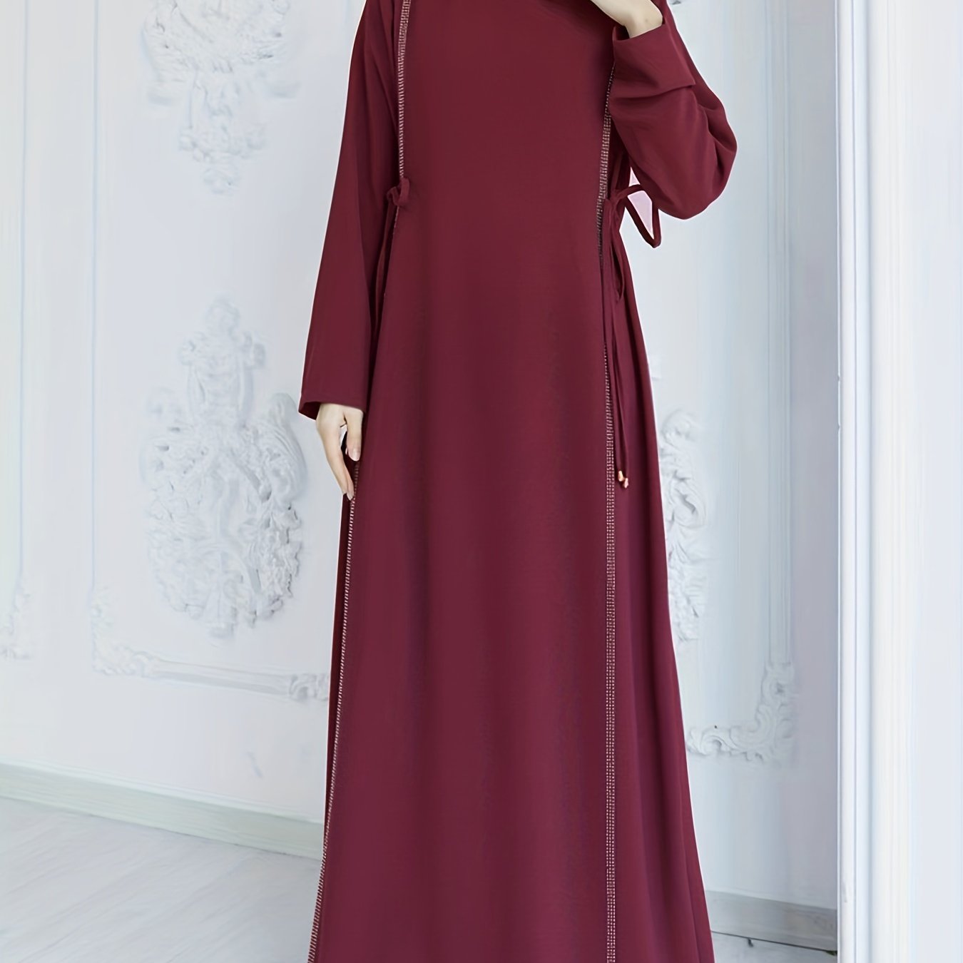 Rhinestone Kaftan Dress, Casual Long Sleeve High Collar Solid Dress, Women's Clothing
