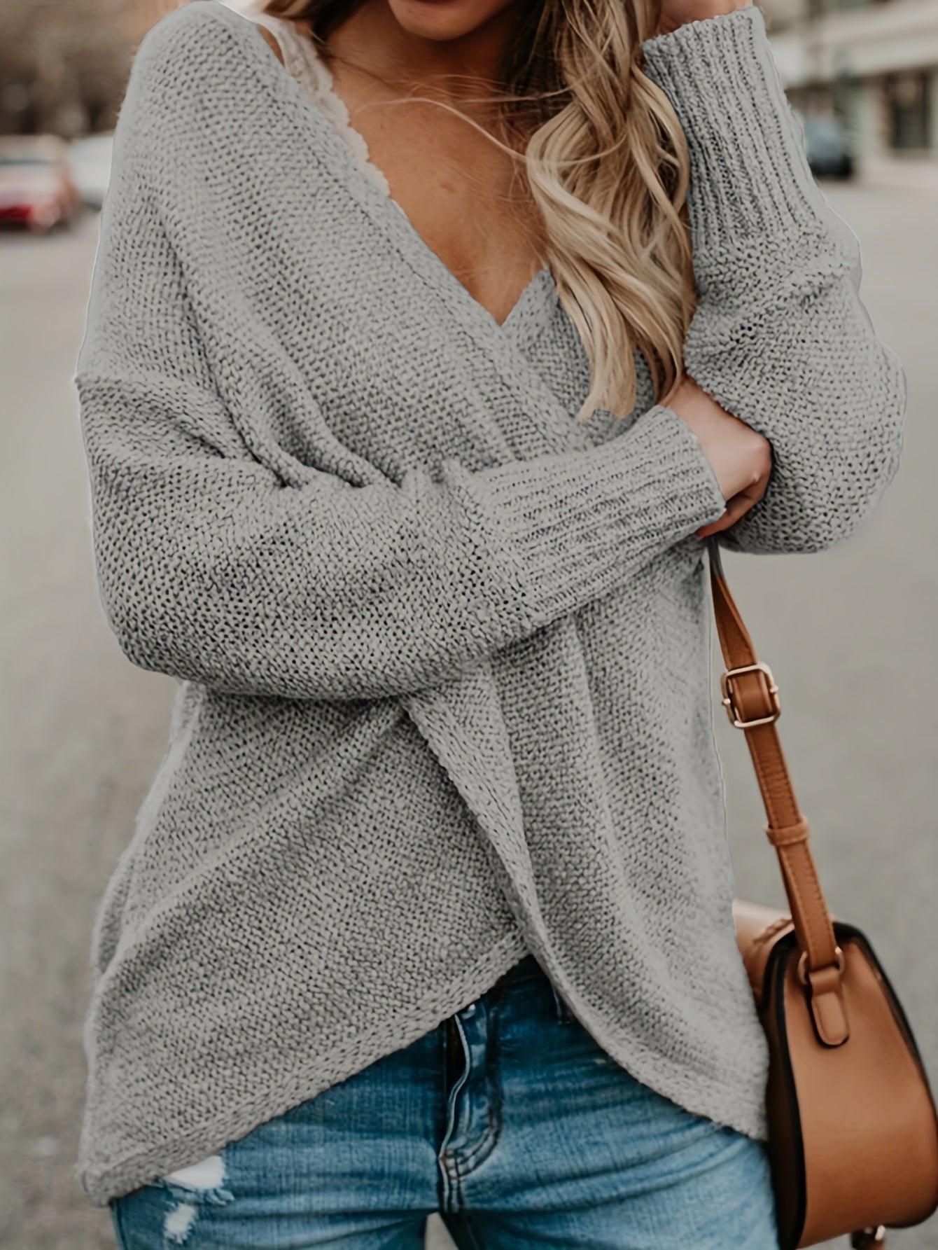 gbolsos Solid Surplice Neck Cross Front Sweater, Casual Long Sleeve Sweater For Spring & Fall, Women's Clothing