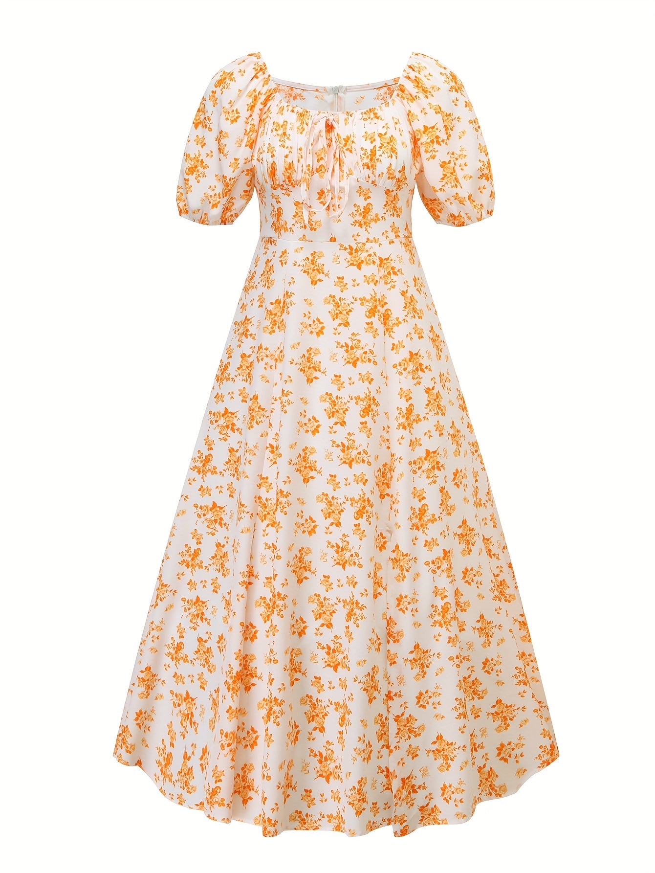 Floral Print Squared Neck Dress, Boho Puff Sleeve Split Thigh Maxi Dress, Women's Clothing