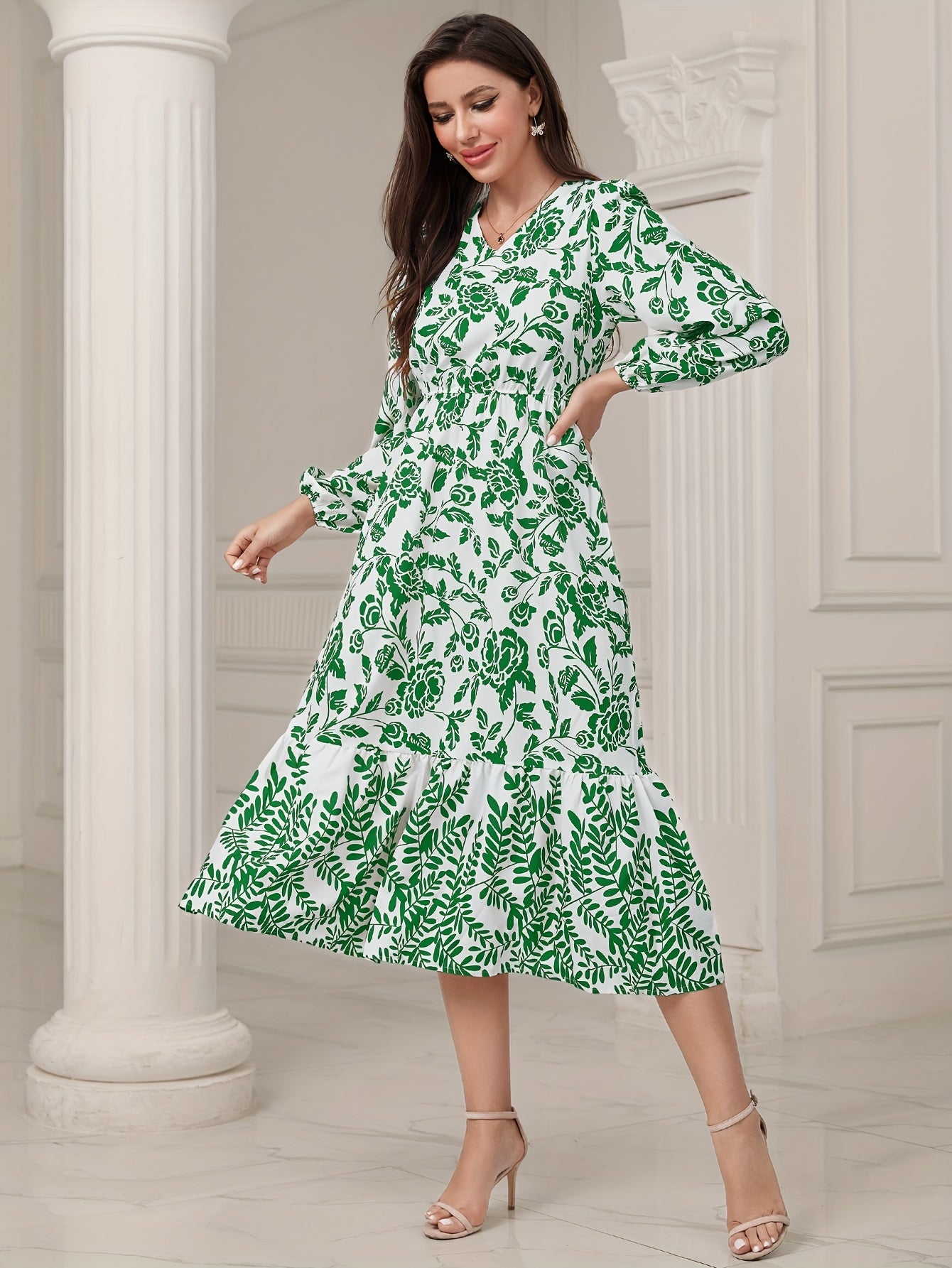 gbolsos Floral & Leaves Print V-neck Dress, Elegant Elastic Waist Long Sleeve Dress For Spring & Fall, Women's Clothing