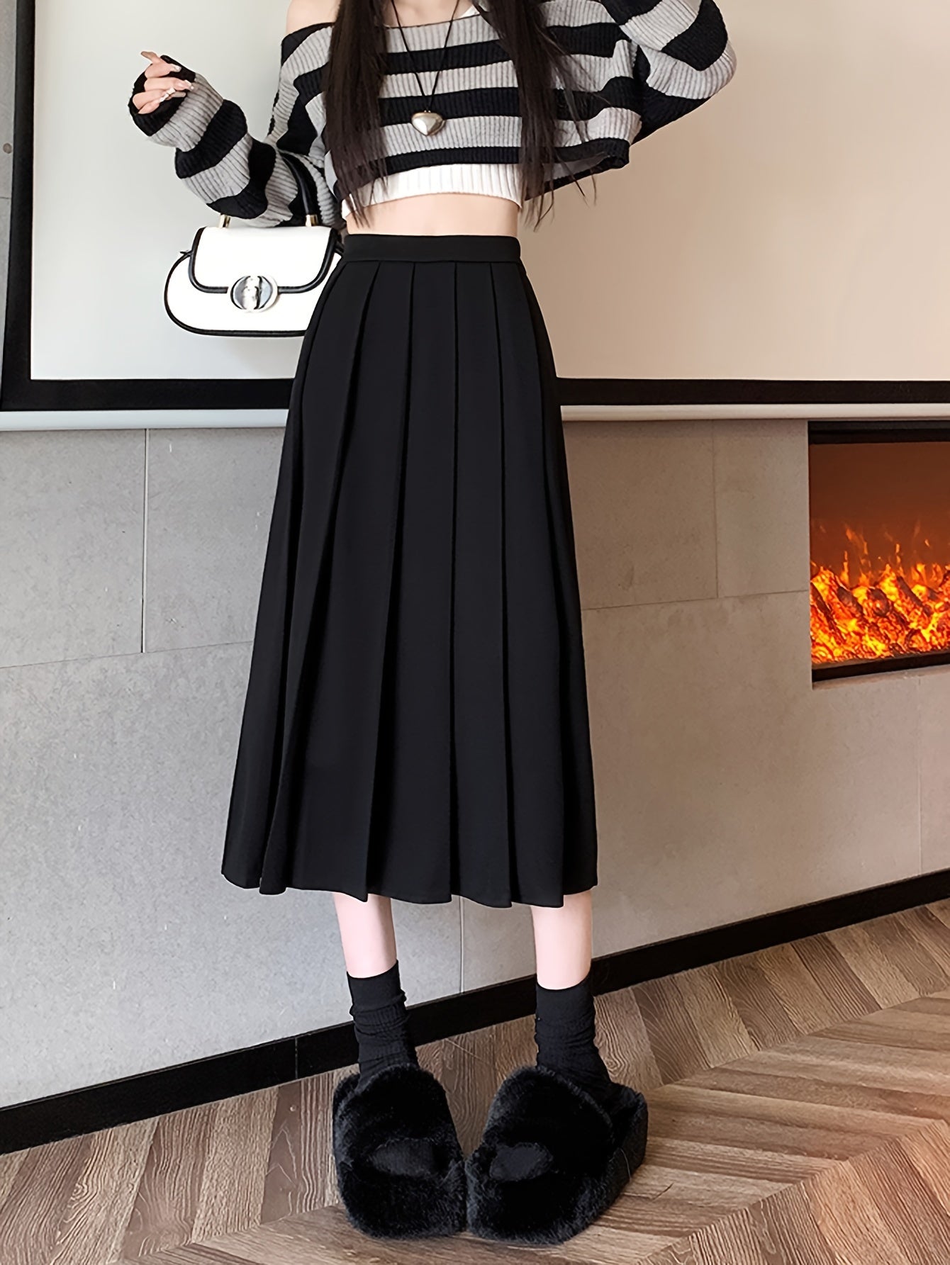gbolsos Solid High Waist Pleated Skirt, Casual Draped A Line Midi Skirt, Women's Clothing