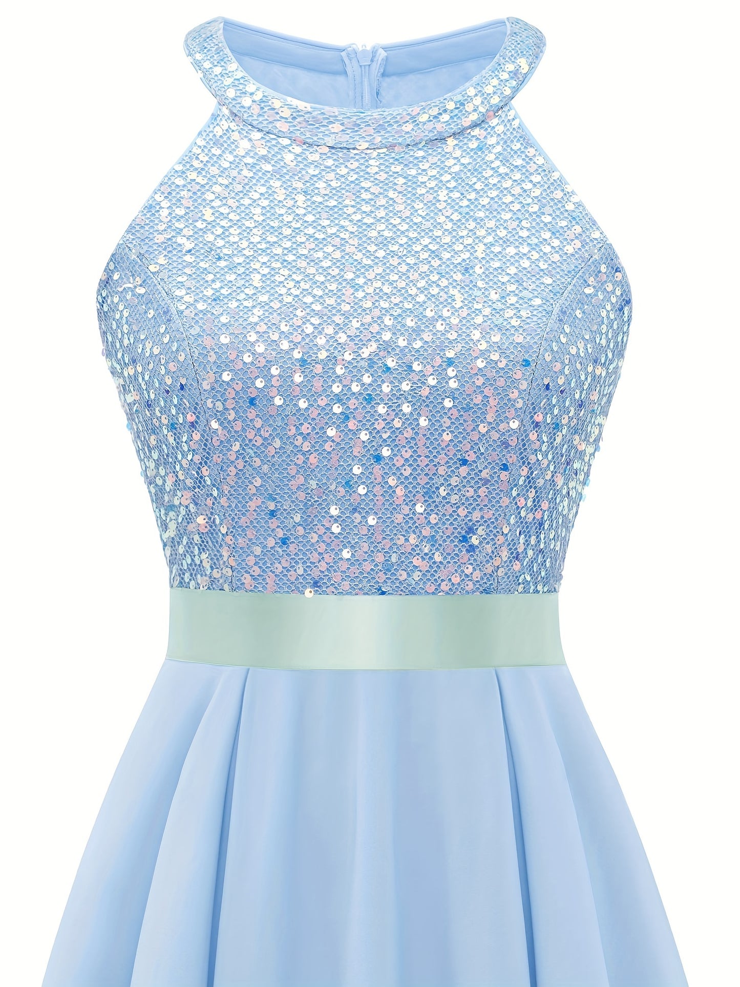 gbolsos Contrast Sequin Dipped Hem Dress, Elegant Sleeveless Solid Party Dress, Women's Clothing