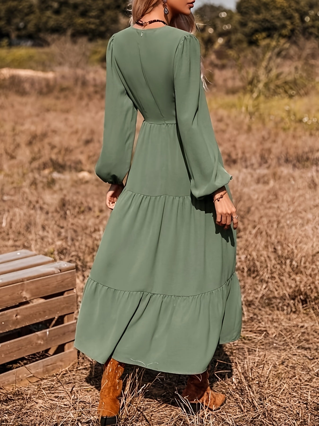 gbolsos Solid Color Lantern Sleeve Dress, Casual V Neck Tiered Dress For Spring & Fall, Women's Clothing