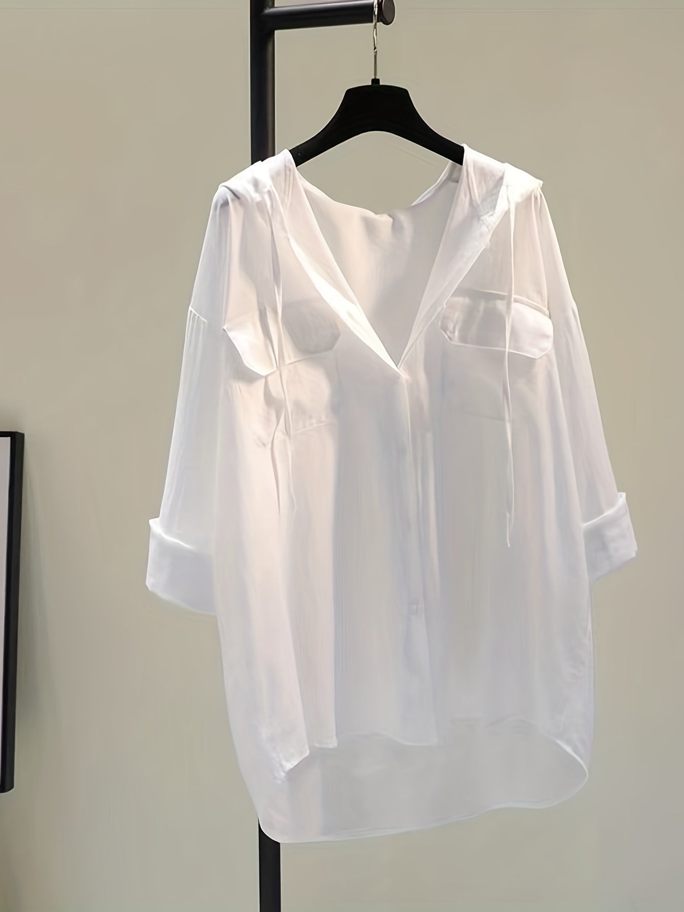 gbolsos Solid Pocket Button Hooded Blouse, Casual Drawstring Blouse For Spring & Summer, Women's Clothing