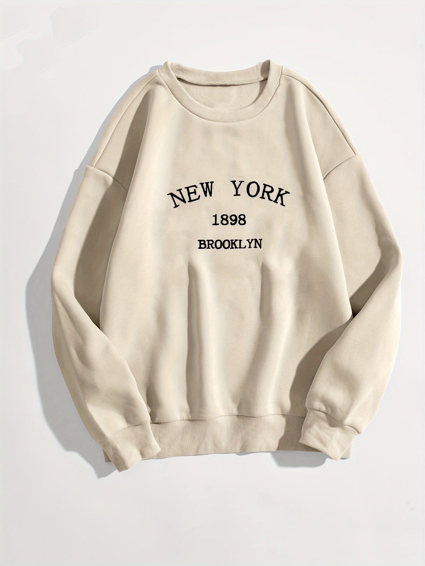 New York Brooklyn Print Loose Sweatshirt, Casual Long Sleeve Crew Neck Sweatshirt, Women's Clothing