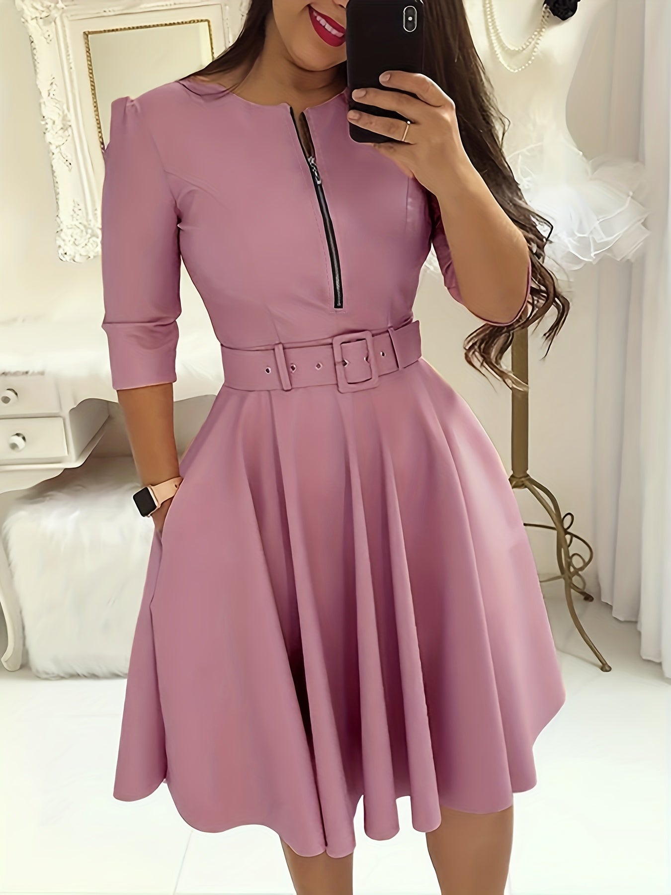 gbolsos Women's Dresses Solid Crew Neck Zipper Dresses