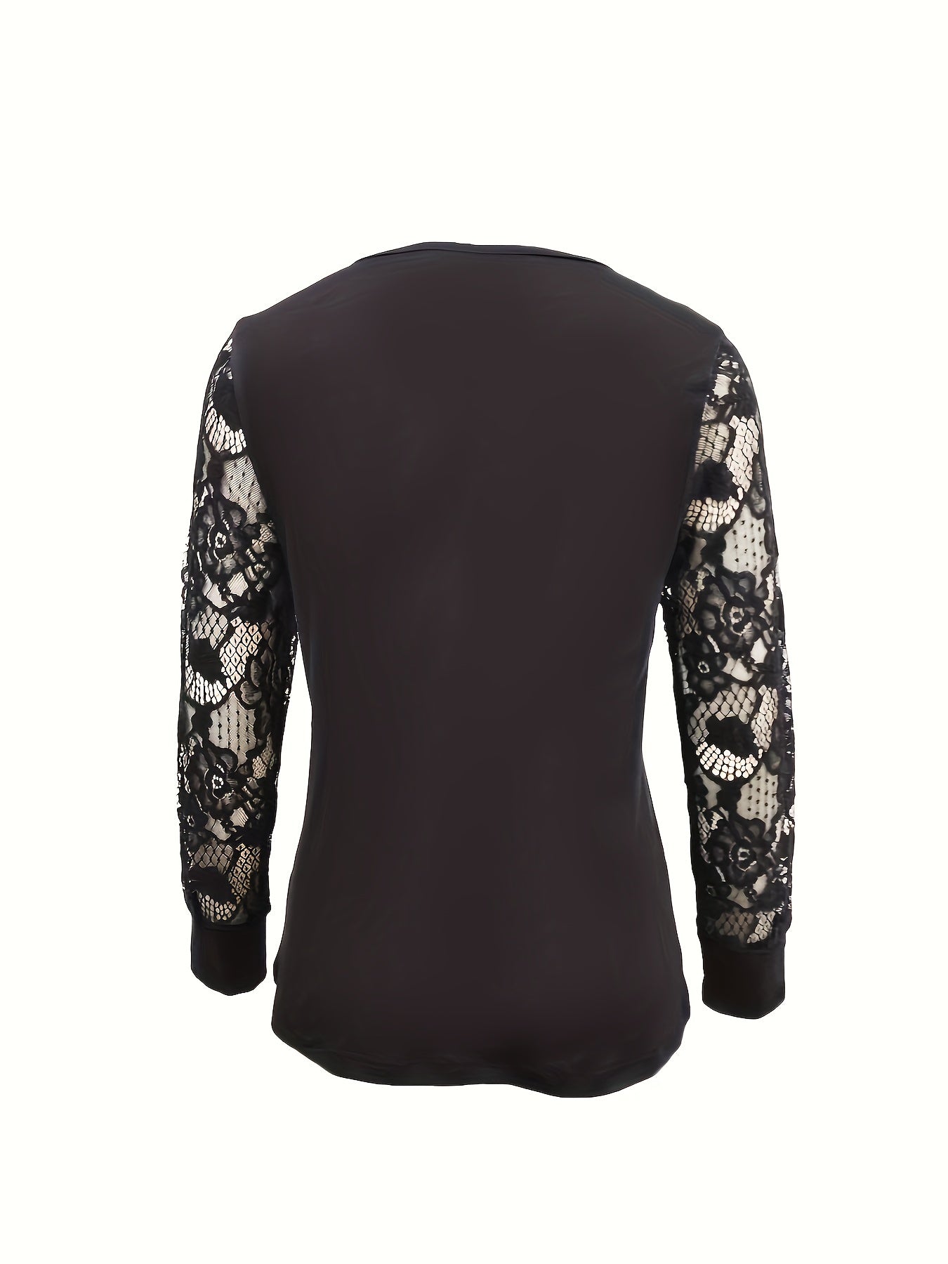 gbolsos Lace Hem Stitching T-Shirt, Casual V-Neck Long Sleeve T-Shirt, Casual Every Day Tops, Women's Clothing