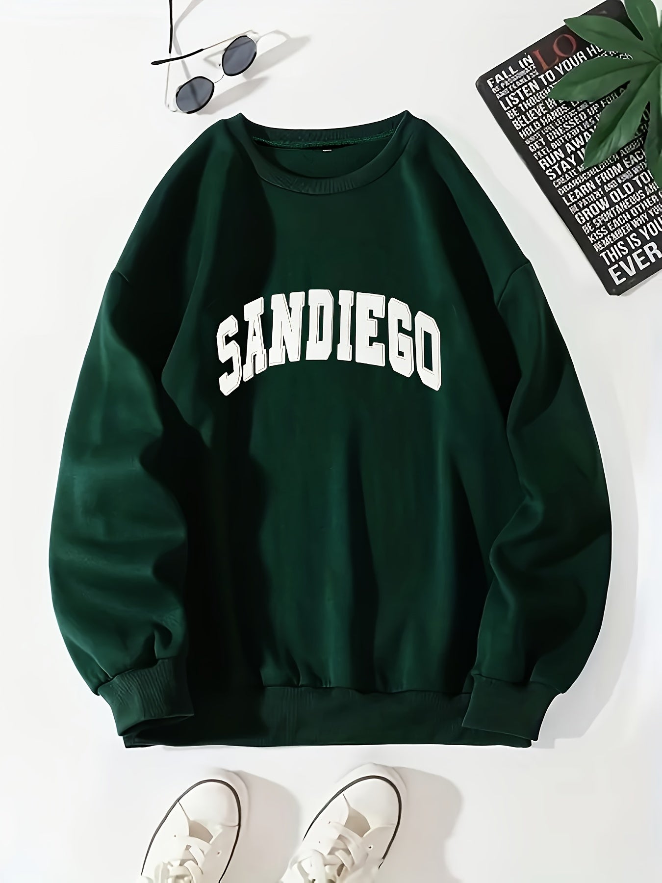 gbolsos Sandiego Letter Print Sweatshirt, Casual Crew Neck Long Sleeve Sweatshirt, Women's Clothing