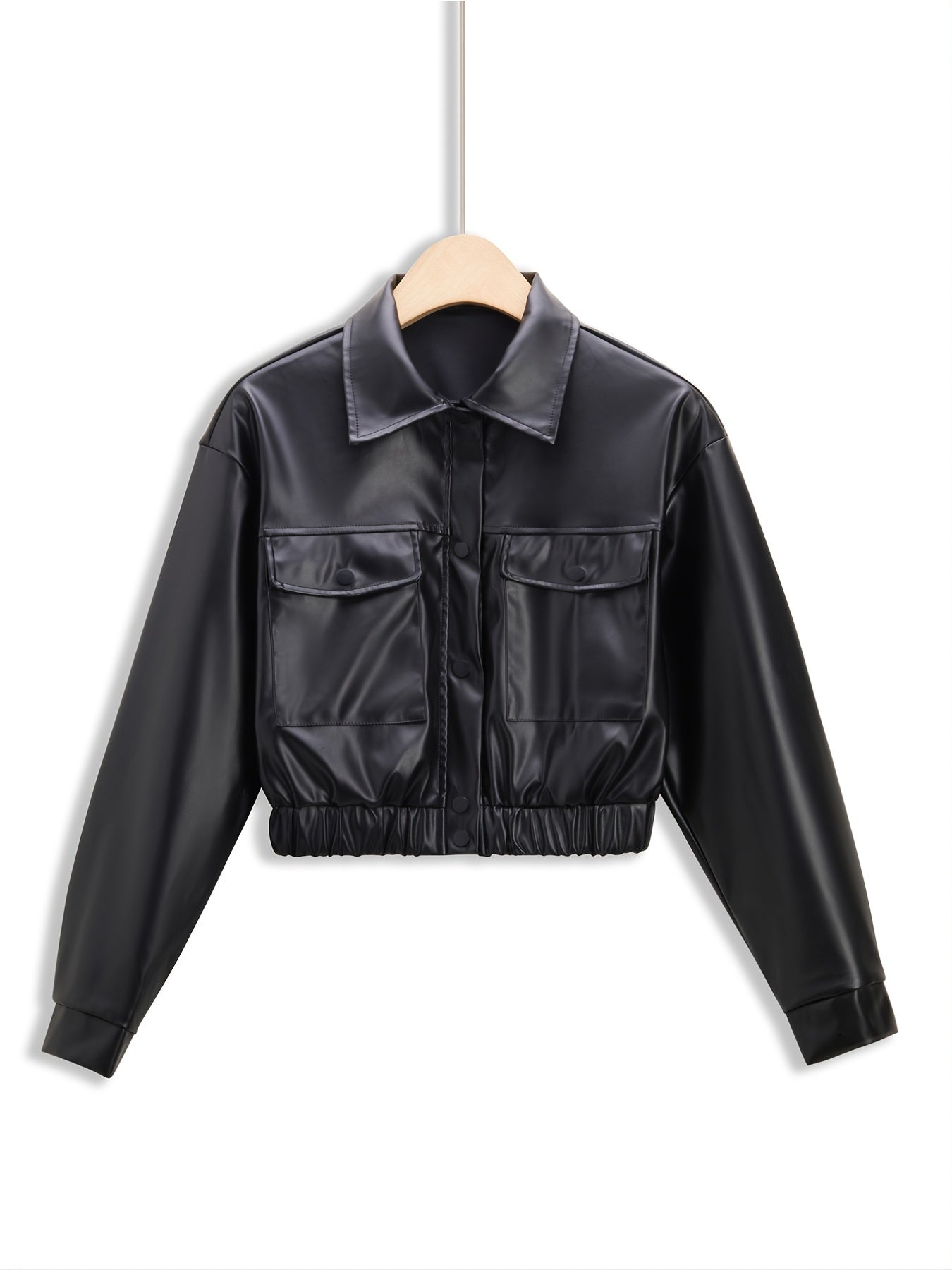 gbolsos PU Leather Turn Down Collar Jacket, Casual Elastic Hem Button Front Outerwear With Pockets, Women's Clothing