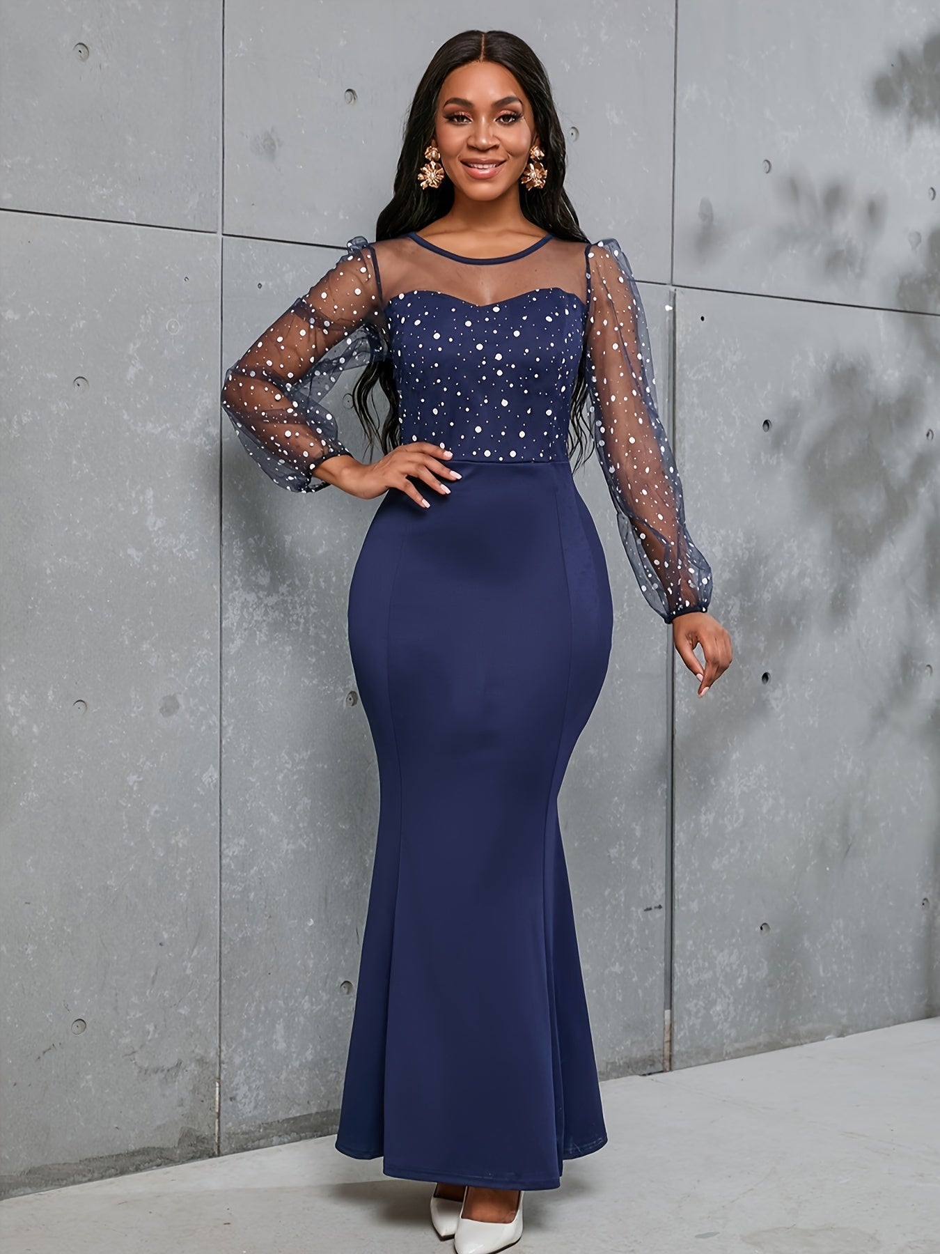 gbolsos Round Neck Mesh Stitching Dress, Elegant Slim Long Sleeve Waist Long Dresses, Women's Clothing