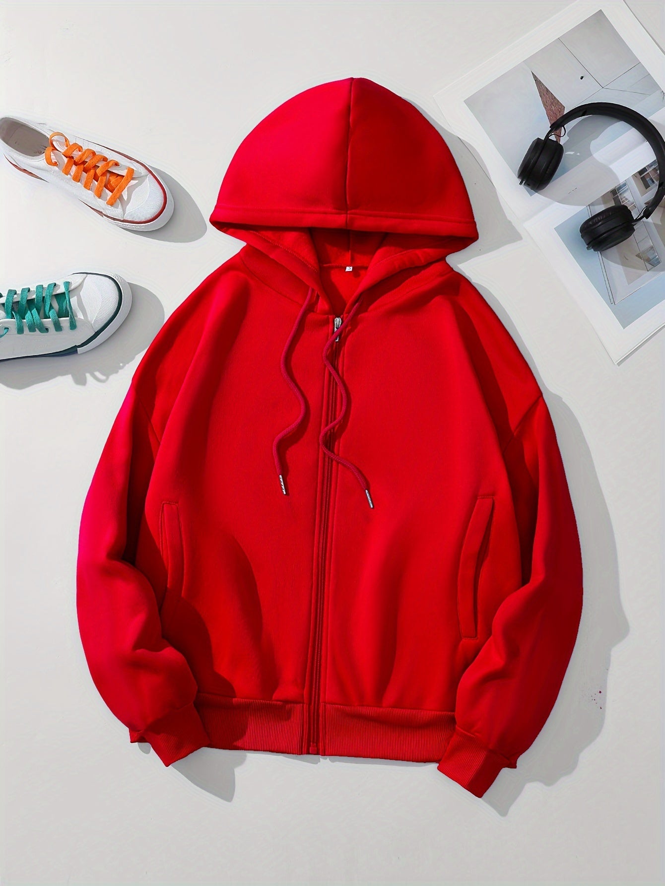 gbolsosSolid Zip Up Hoodie With Pocket, Drawstring Long Sleeves Active Hooded Sweatshirt