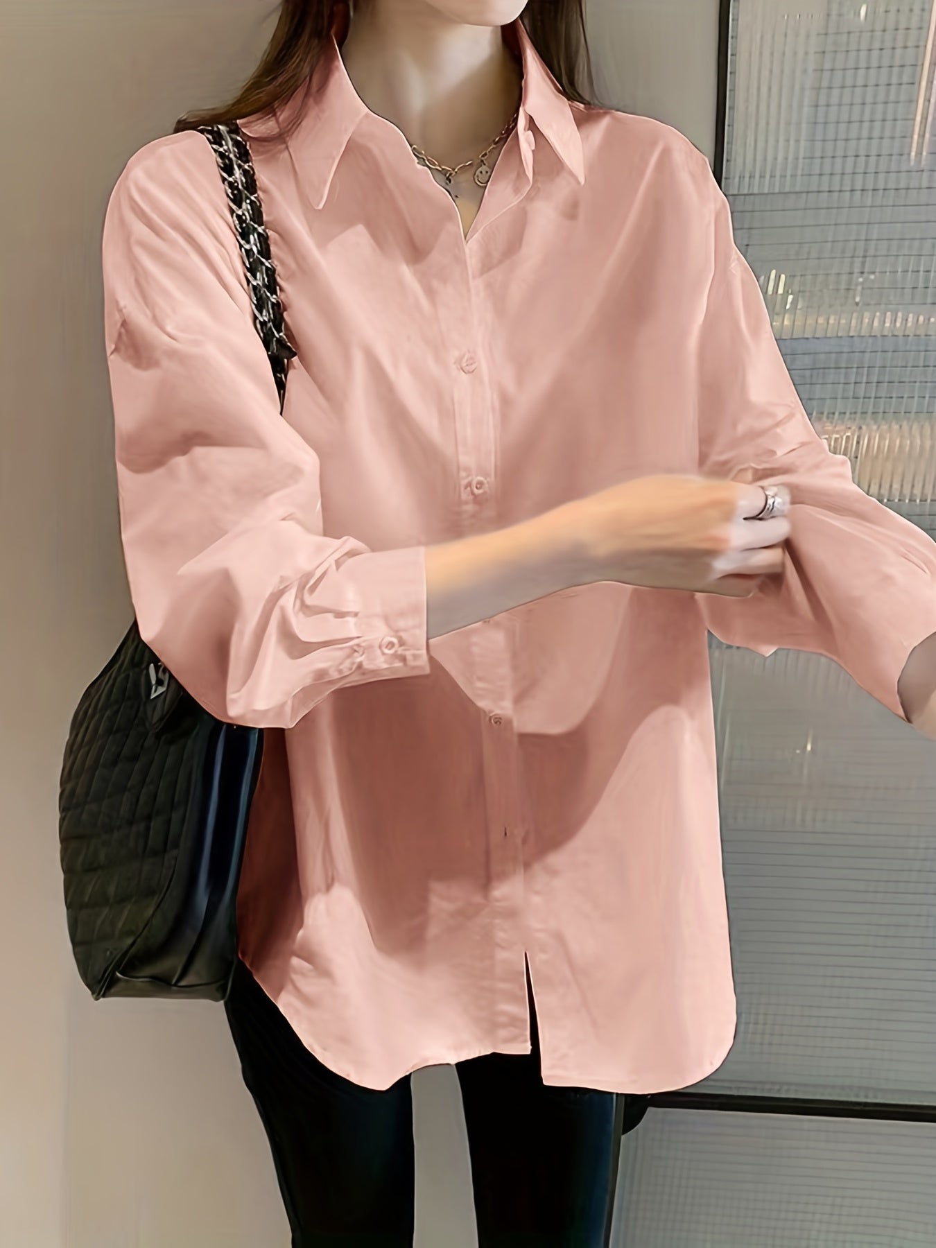 V-neck Loose Lapel Shirts, Casual Button Down Long Sleeve Fashion Blouses Tops, Women's Clothing