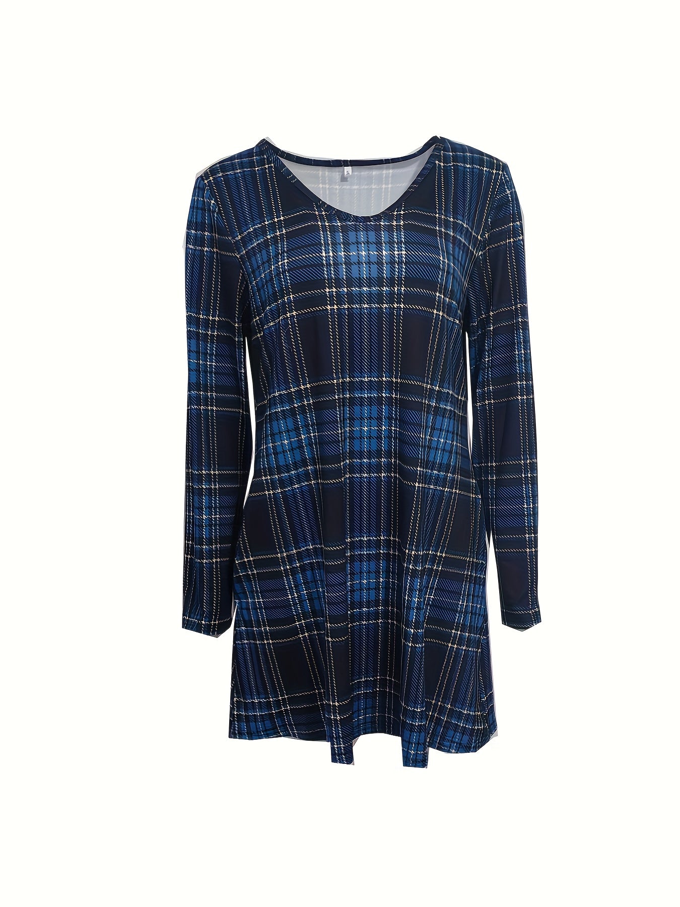 gbolsos Plaid V Neck Dress, Casual Long Sleeve Dress, Women's Clothing