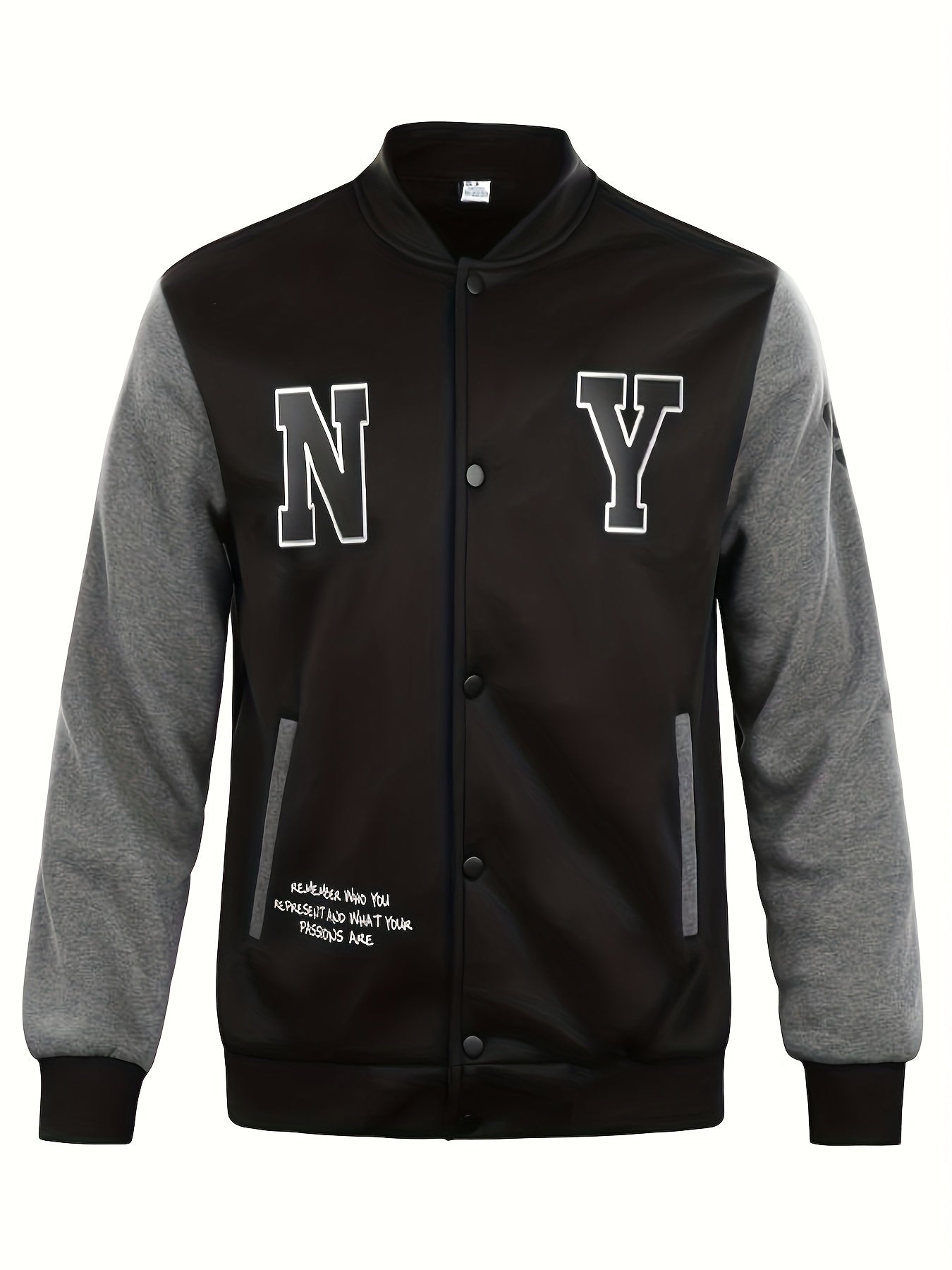gbolsos NY Print Varsity Jacket, Men's Casual Slightly Stretchy Baseball Jacket Contrast Colors Stitching Coat Regular Fit College Hipster Windbreaker For Spring Autumn